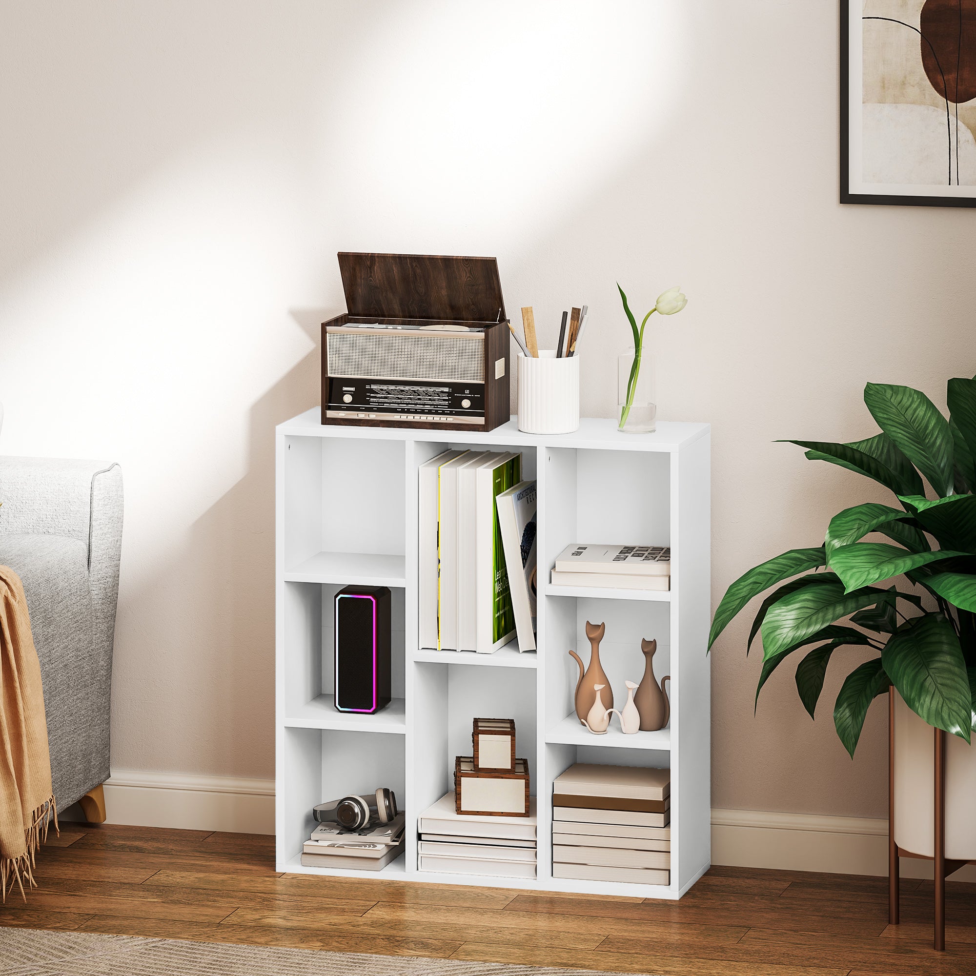 HOMCOM 3-Ebenen-Bücherregal, 8 Fächer, Spanplatte, Aufbewahrungsregal, Weiß