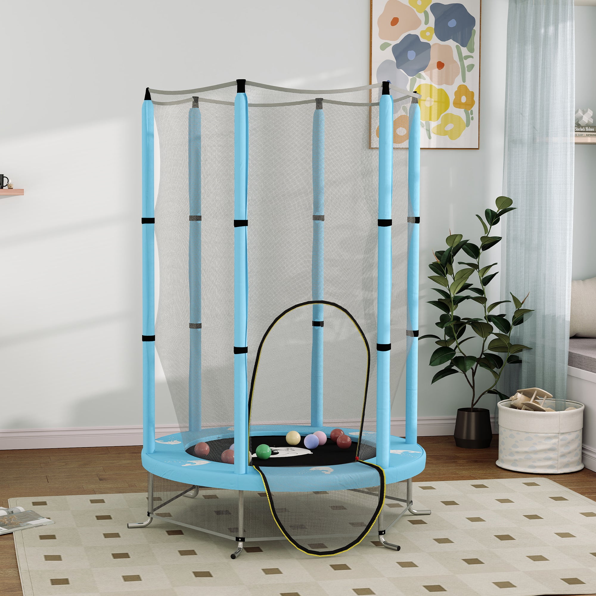 AIYAPLAY Kindertrampolin mit Sicherheitsnetz, für den Innen- und Außenbereich, 3-6 Jahre, Hellblau
