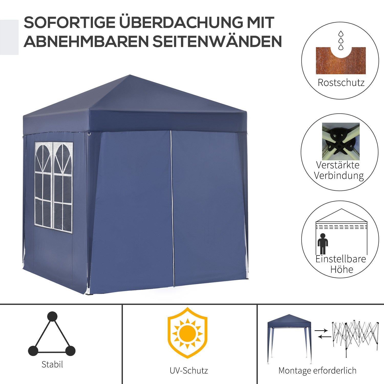 Outsunny Faltpavillon, Bierzelt, 4 abnehmbare Seitenwände, 2 Fenster, Metallrahmen, 2 x 2m, Blau