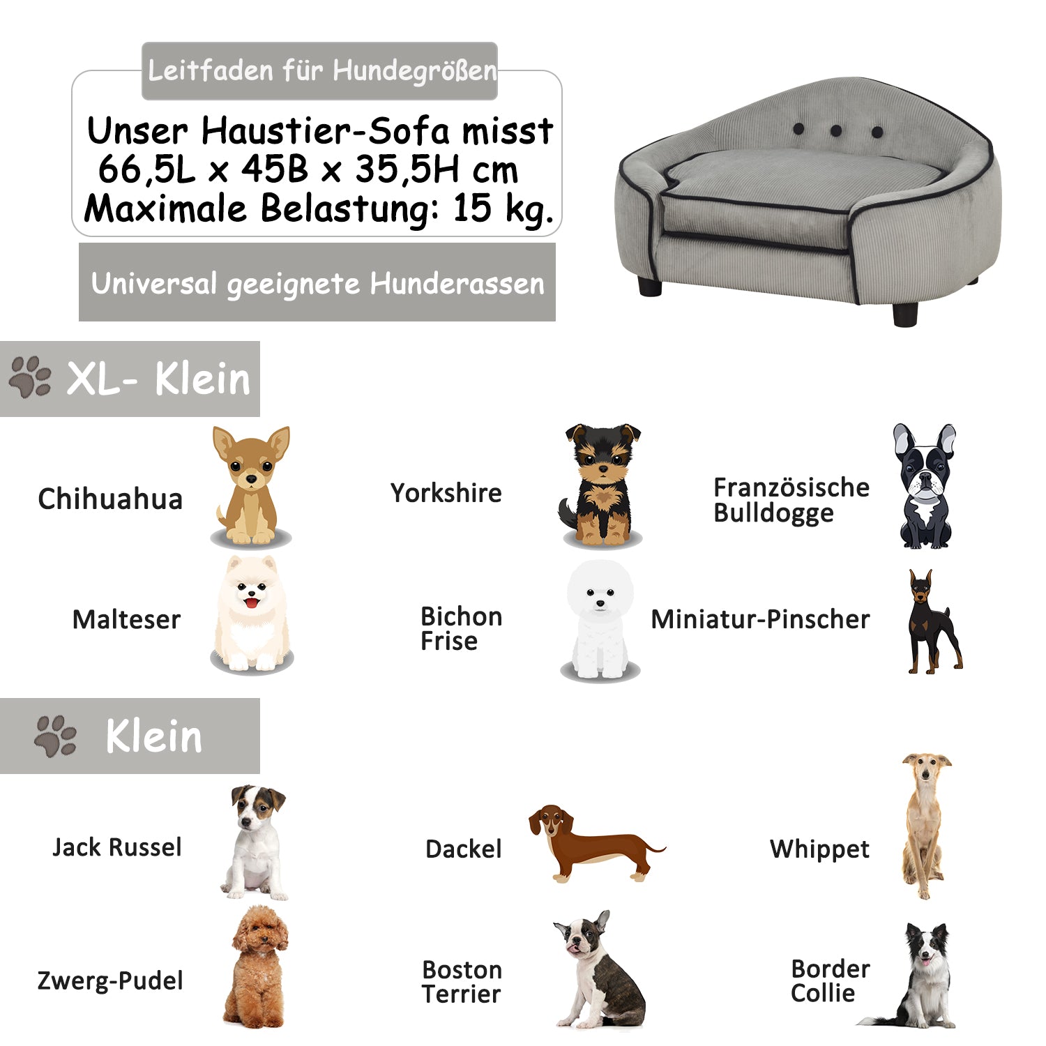 PawHut Haustiersofa, Hundebett, Hundematte, Hundesofa, Naturholz+Plüsch, Grau, 66,5 x 45 x 35,5 cm