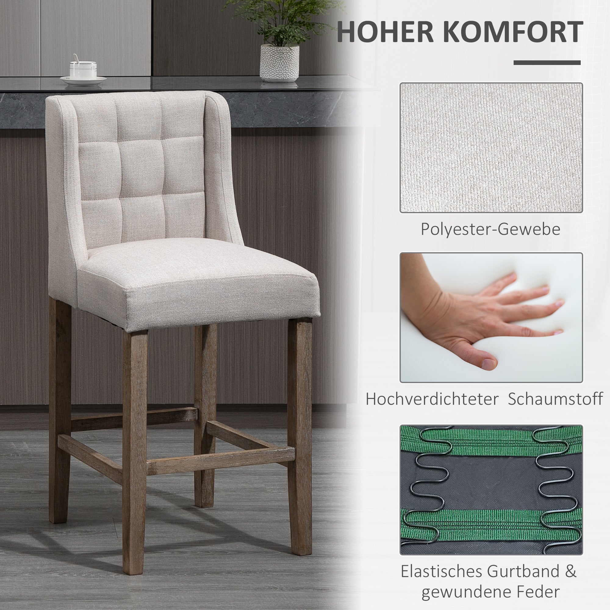 HOMCOM 2er-Set Barhocker mit lehne Barstühle mit Knopfheftung, Massivholz, inkl. Fußstütze, 47 cm x 50 cm x 101 cm, Grau + Natur