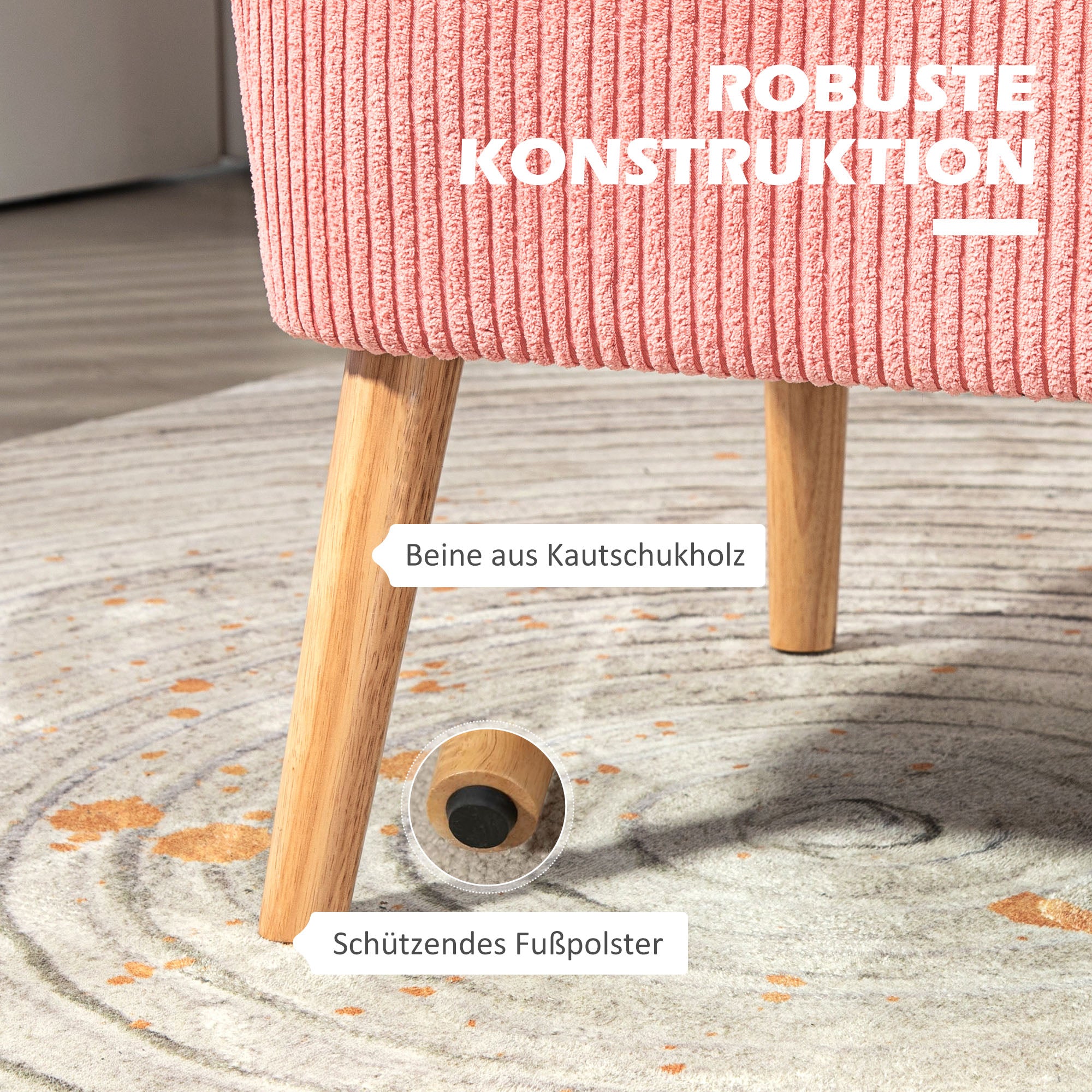 HOMCOM Zweisitzer-Sofa, elegantes Skandi Design, massiver Holzrahmen, bis 150 kg, 117 x 56,5 x 77 cm, Rosa