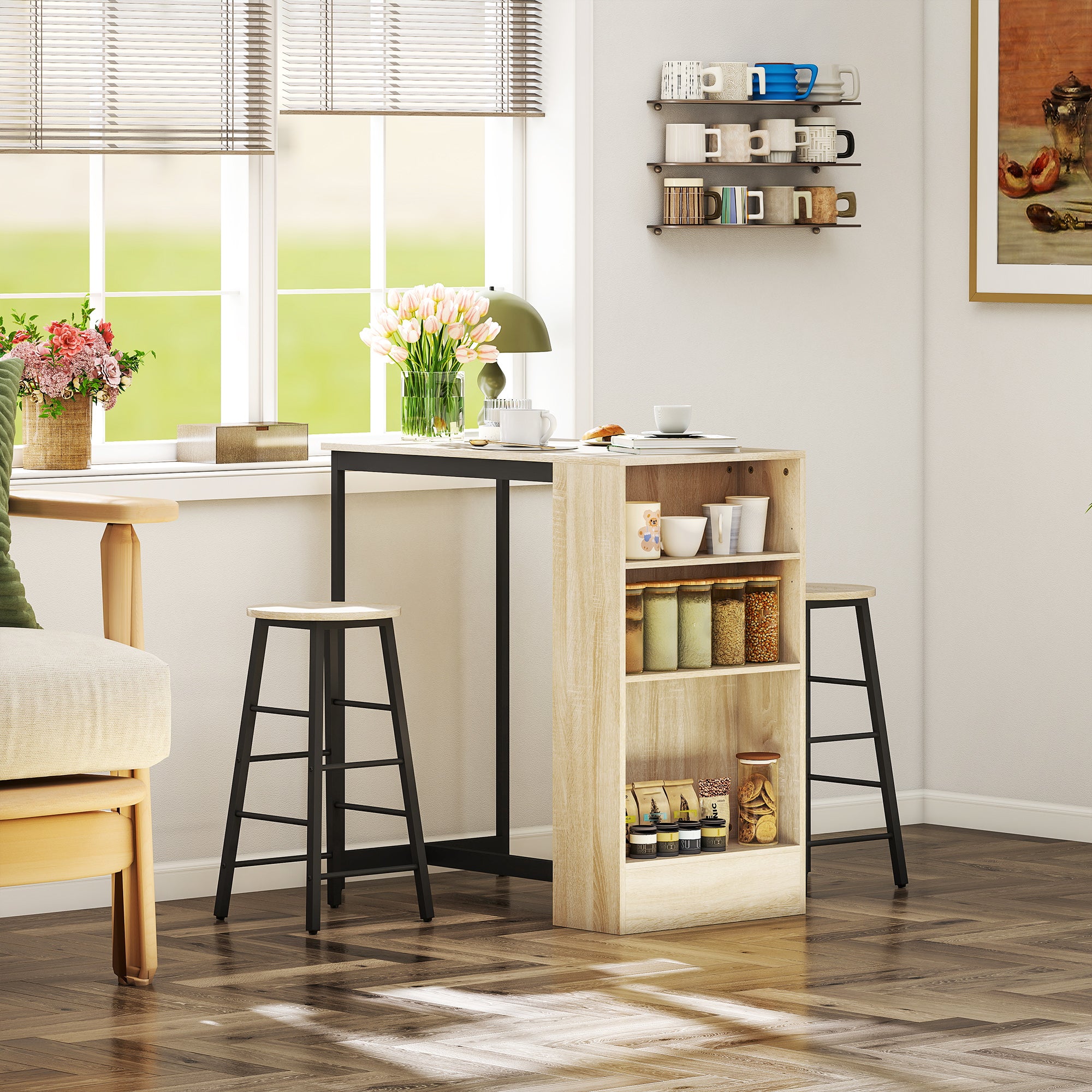 HOMCOM 3-teiliges Bartisch-Set, 1 Tresen, 2 Stühle, mit Stauraum und Fußstützen, platzsparend, Hellbraun+Schwarz