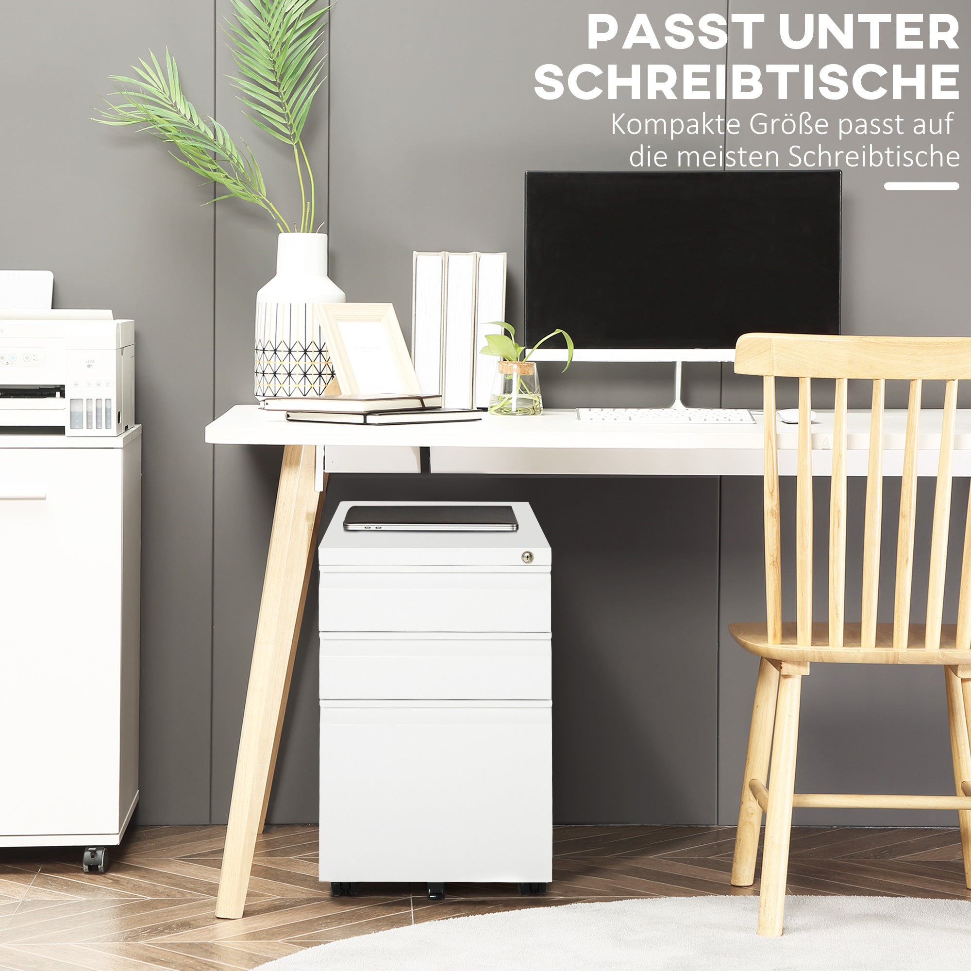 HOMCOM Rollcontainer mit 3 Schubladen mobiler Aktenschrank mit Rollen abschließbar Büroschrank mit konkavem Griff, Schubladenschrank für Büro, Homeoffice, 39 x 48 x 60 cm, Weiß