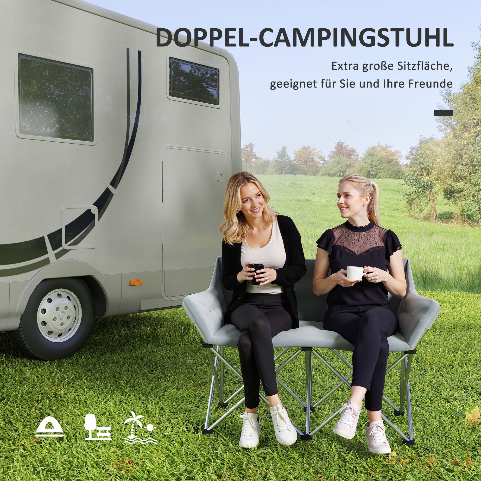Outsunny Faltstuhl 2 Sitzer faltbar Campingstuhl mit Armlehnen Seitentasche bis 240kg belastbar Grau