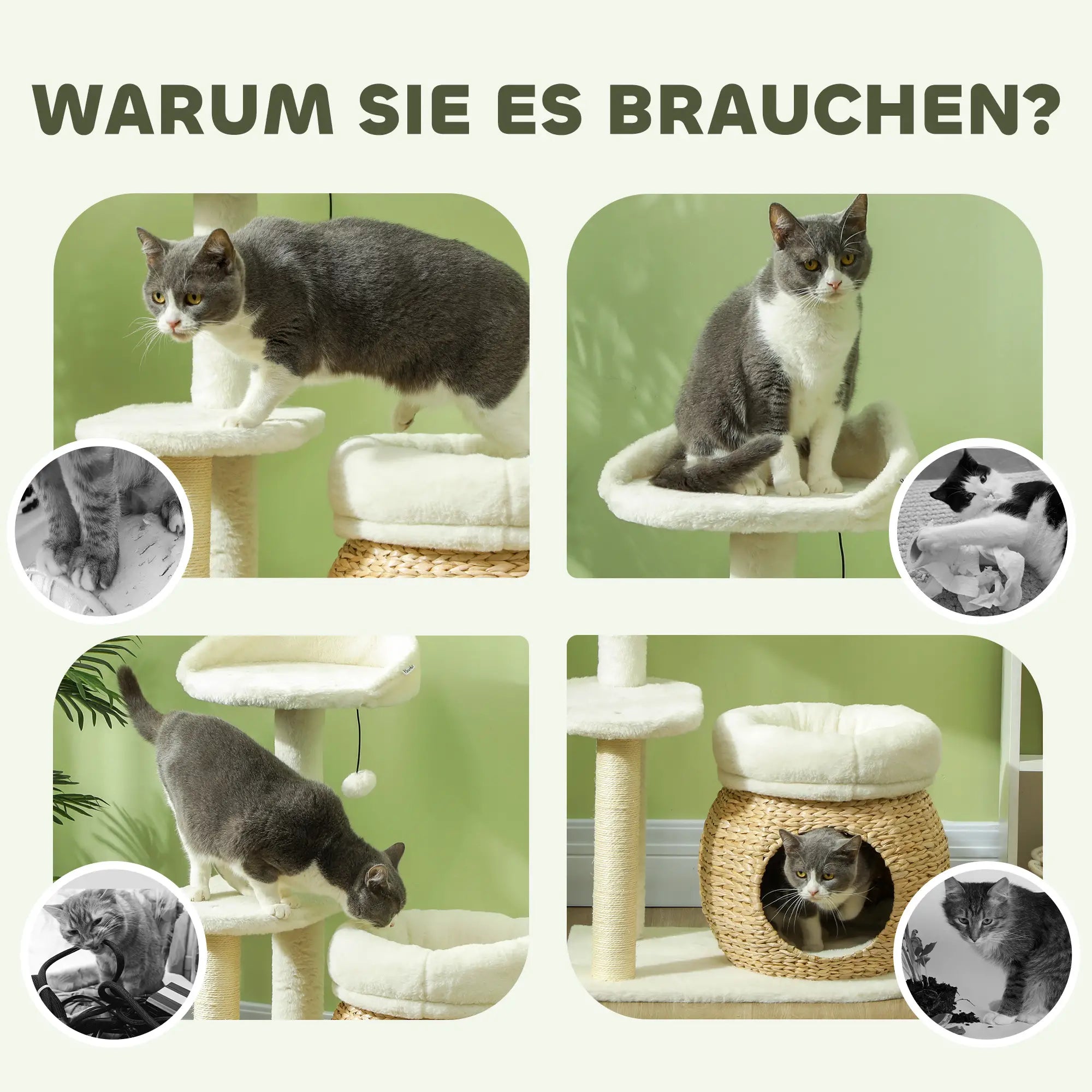 PawHut Kratzbaum mit Katzenhöhle, Spielball und Plattform, Schilfrohr/Sisal, bis 10 kg, 60 x 40 x 79 cm, Cremeweiß