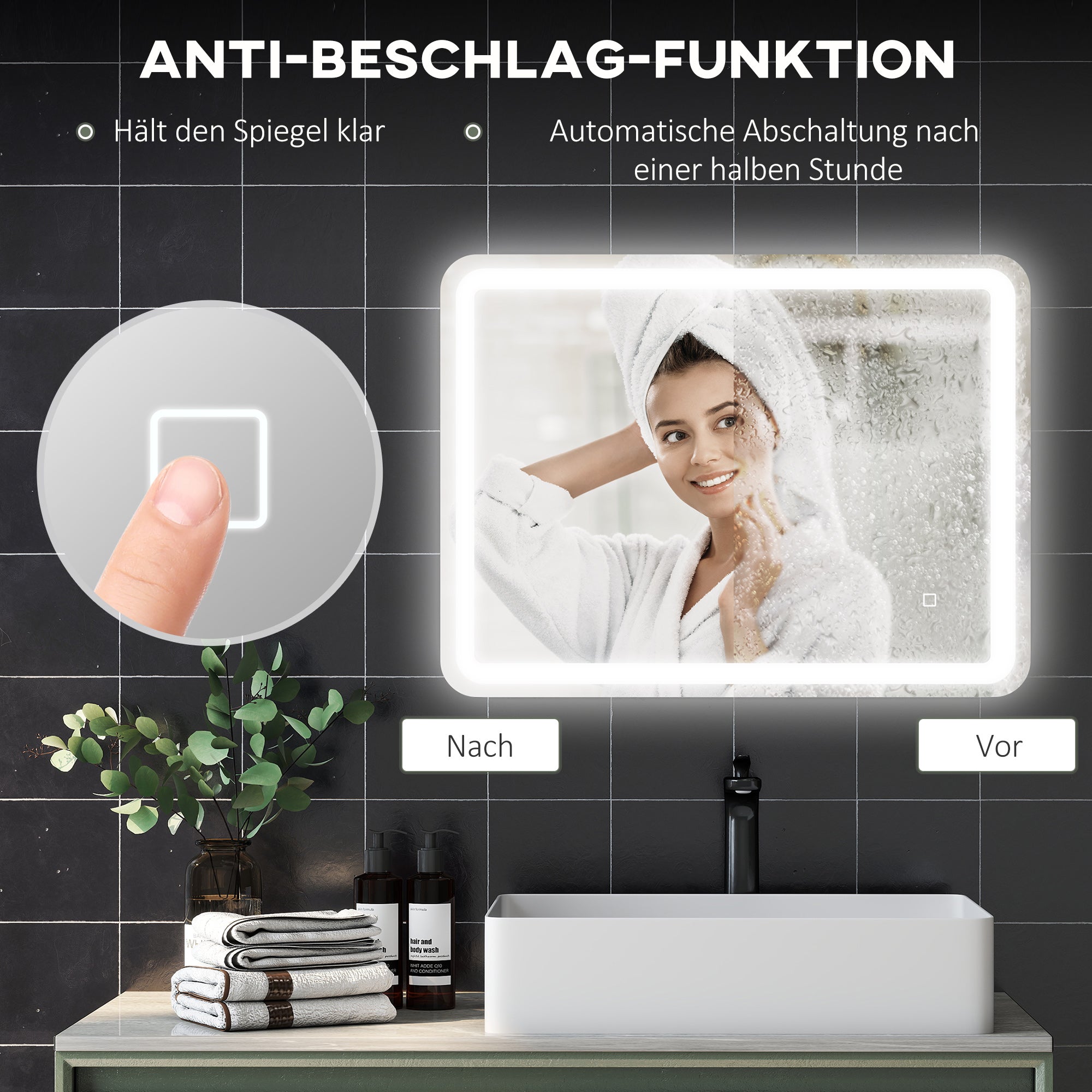 HOMCOM Badezimmerspiegel, beleuchtet, Touch-Steuerung, beschlagfrei, dimmbar, 3 Lichtfarben, 60 x 80, Silber