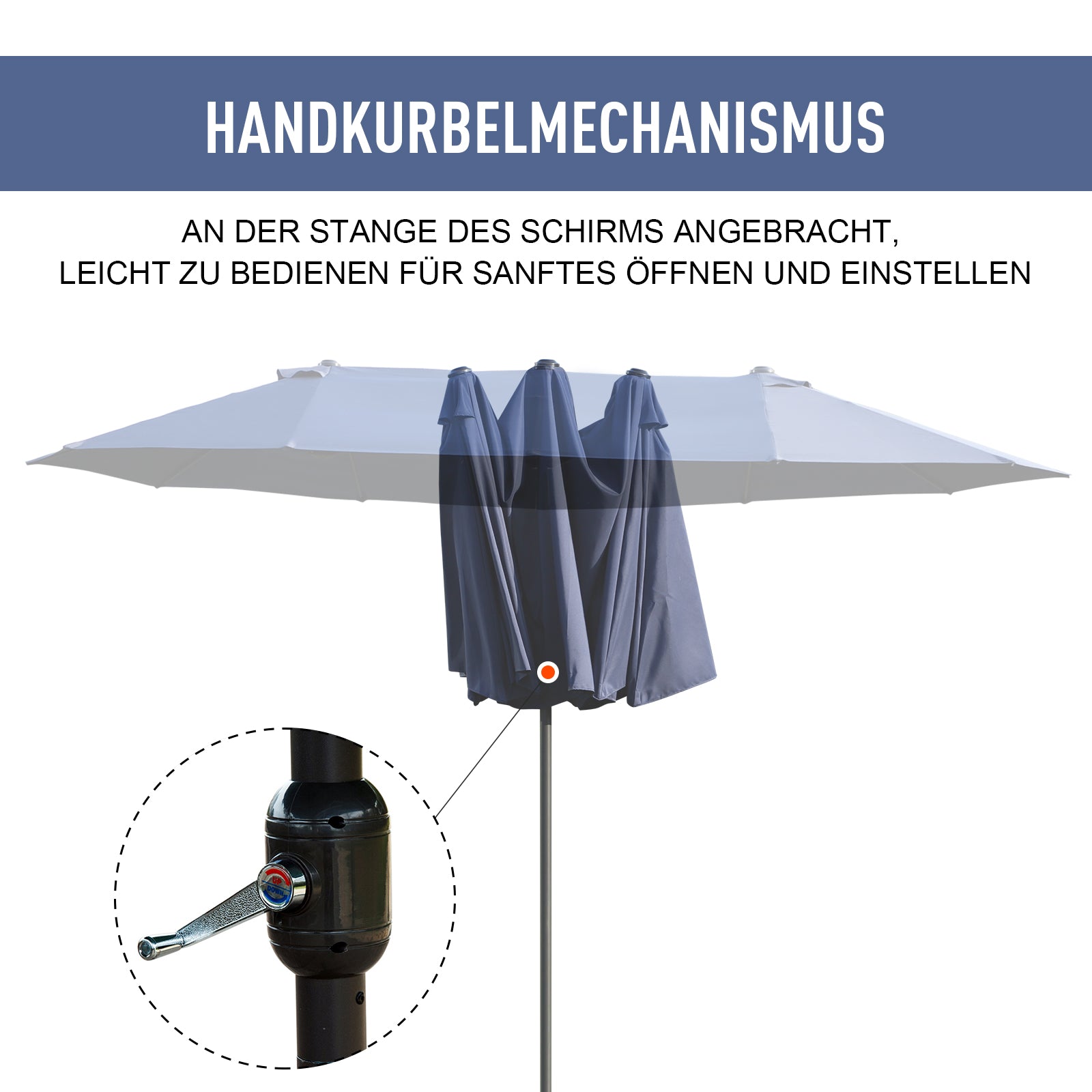Outsunny Doppelsonnenschirm 455 x 270 cm Gartenschirm mit Handkurbel oval stabil Metallstange Marktschirm Doppelsonnenschirm Terrassenschirm Sonnenschutz für Strand Balkon Terrasse Garten Blau