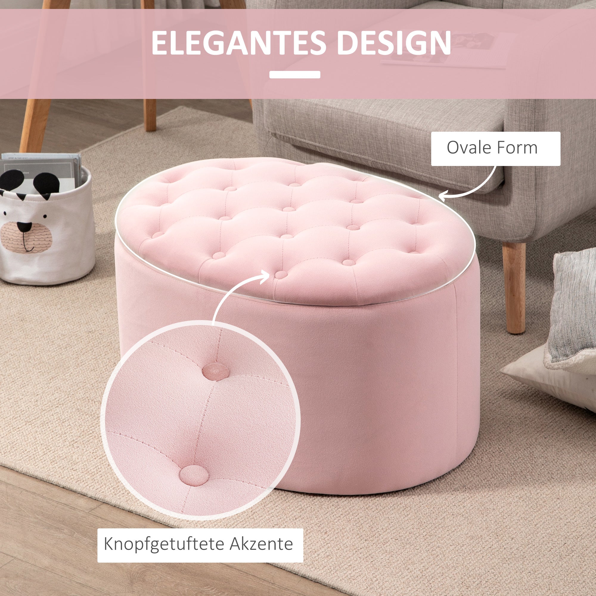 HOMCOM Sitzbank mit Stauraum Polsterbank mit Samtoptik, Sitztruhe Ovale Form, Truhenbank für Wohnzimmer Schlafzimmer Flur 71 x 52 x 42 cm, Rosa