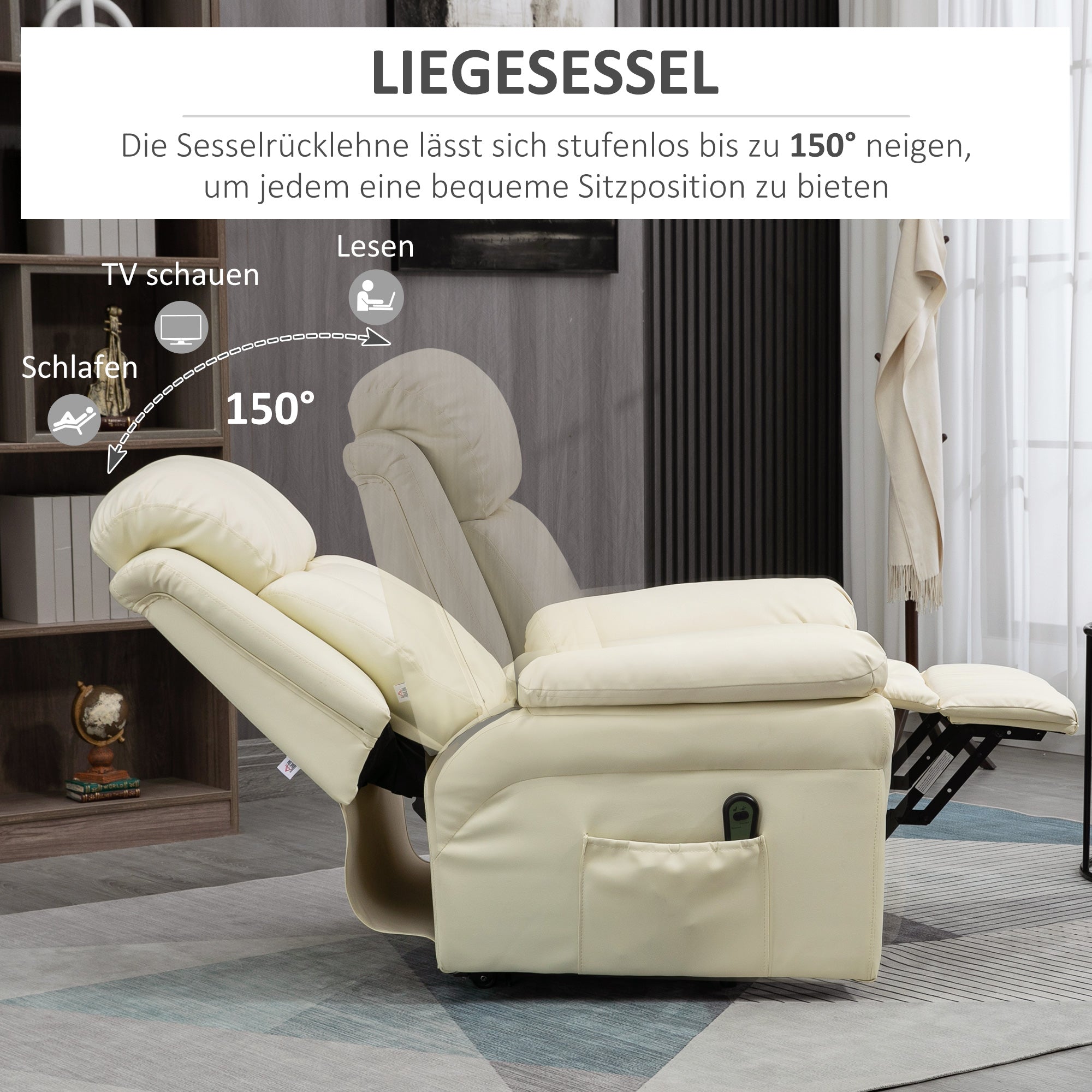 HOMCOM Relaxsessel mit Aufstehhilfe, inkl. Fußstütze und Kopfstütze, 1 Fernbedienung, Cremeweiß