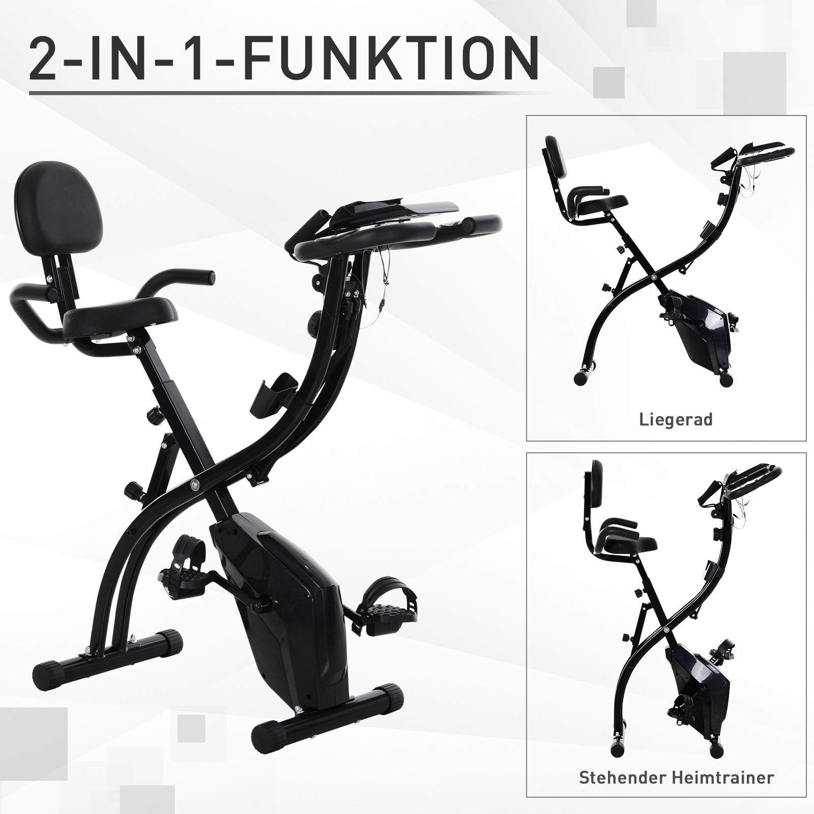 HOMCOM Heimtrainer X-Bike 2-in-1 Fahrradtrainer mit LCD-Display,Pulsmesser, klappbarer Hometrainer Trimmrad mit 8 stufig Magnetwiderstand, 1 Paar Spannseil, Stahl Schwarz 105x48x118 cm