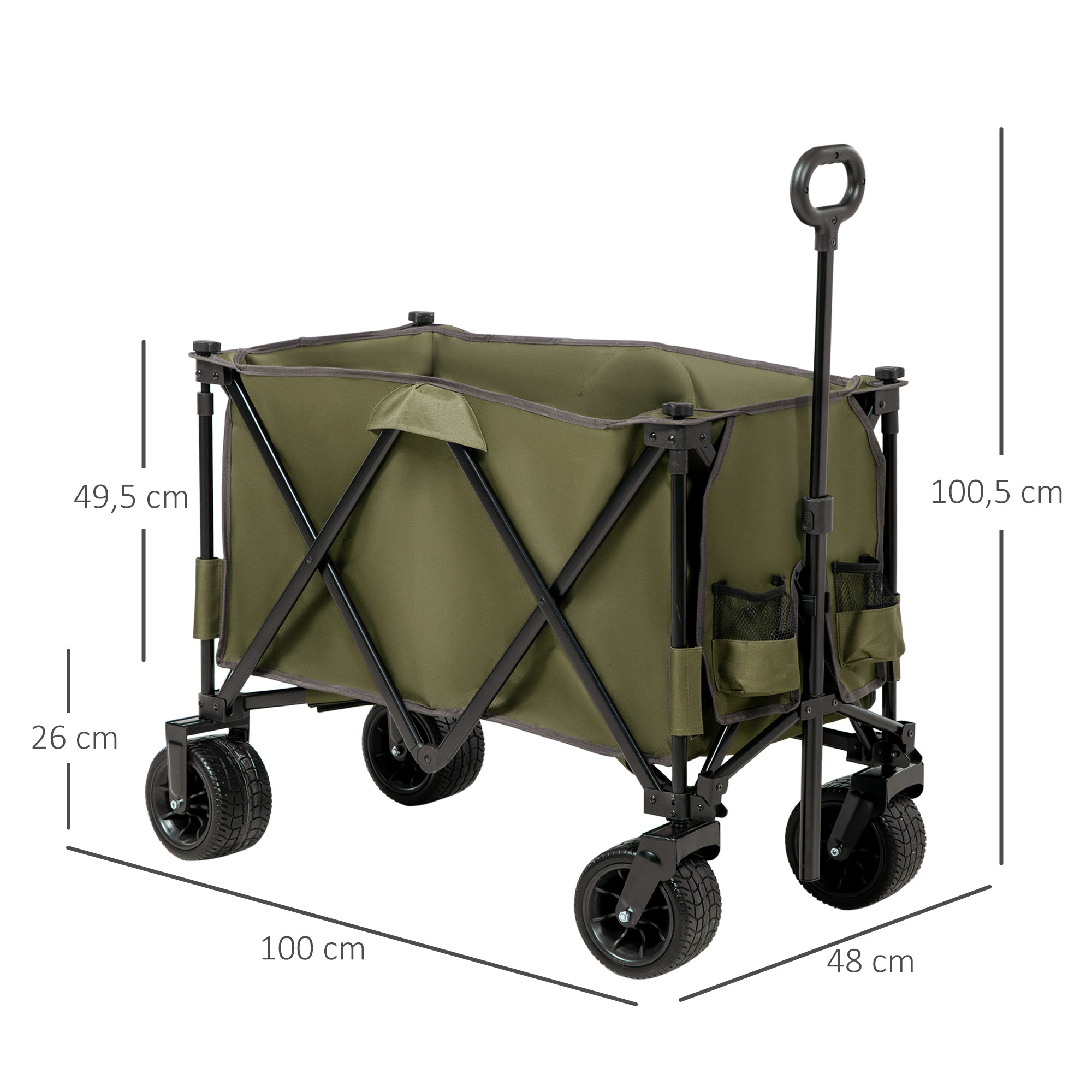 Outsunny Bollerwagen, klappbar, 7 Seitentaschen, verstellbarer Griff, bis 120 kg, Stahl, grün, 100 x 48 x 100,5 cm