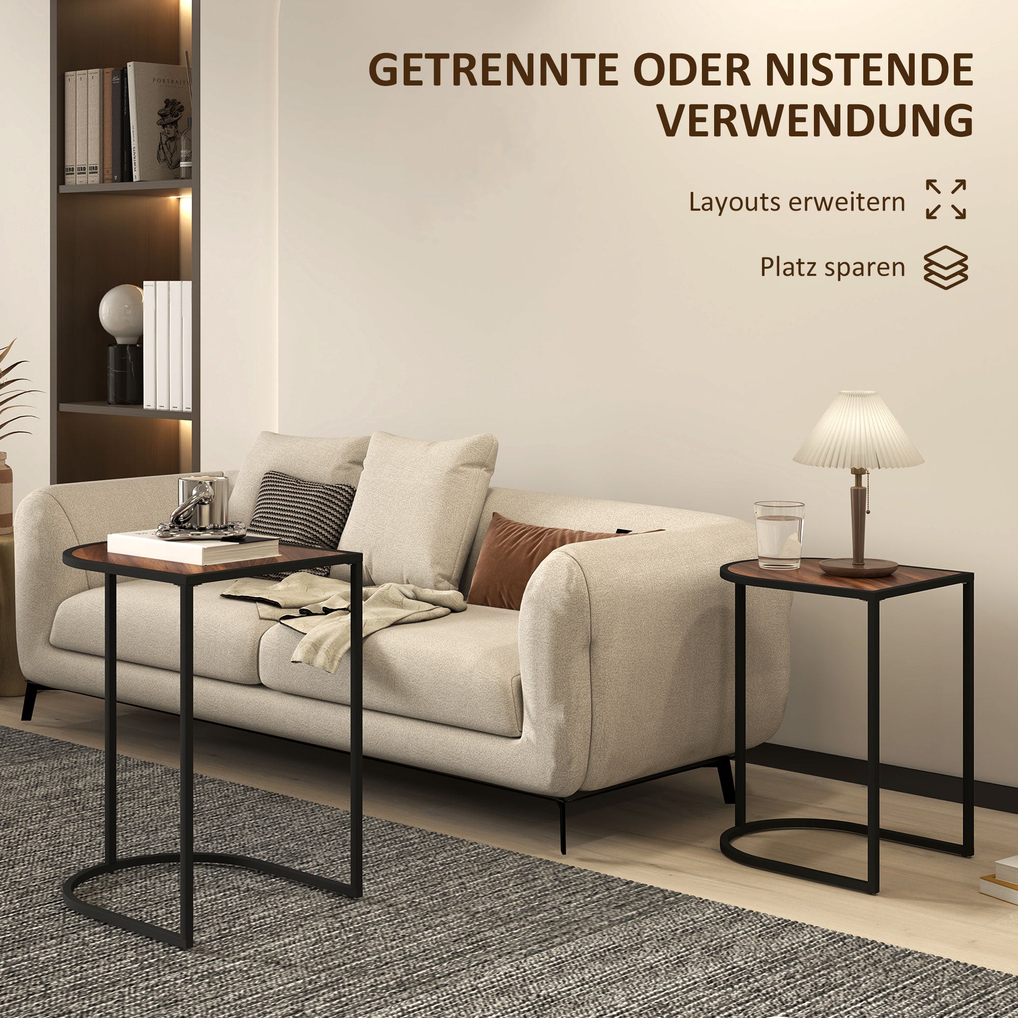 HOMCOM Satztisch-Set, Beistelltische, Metallrahmen, Tischplatte in Holzoptik, Braun