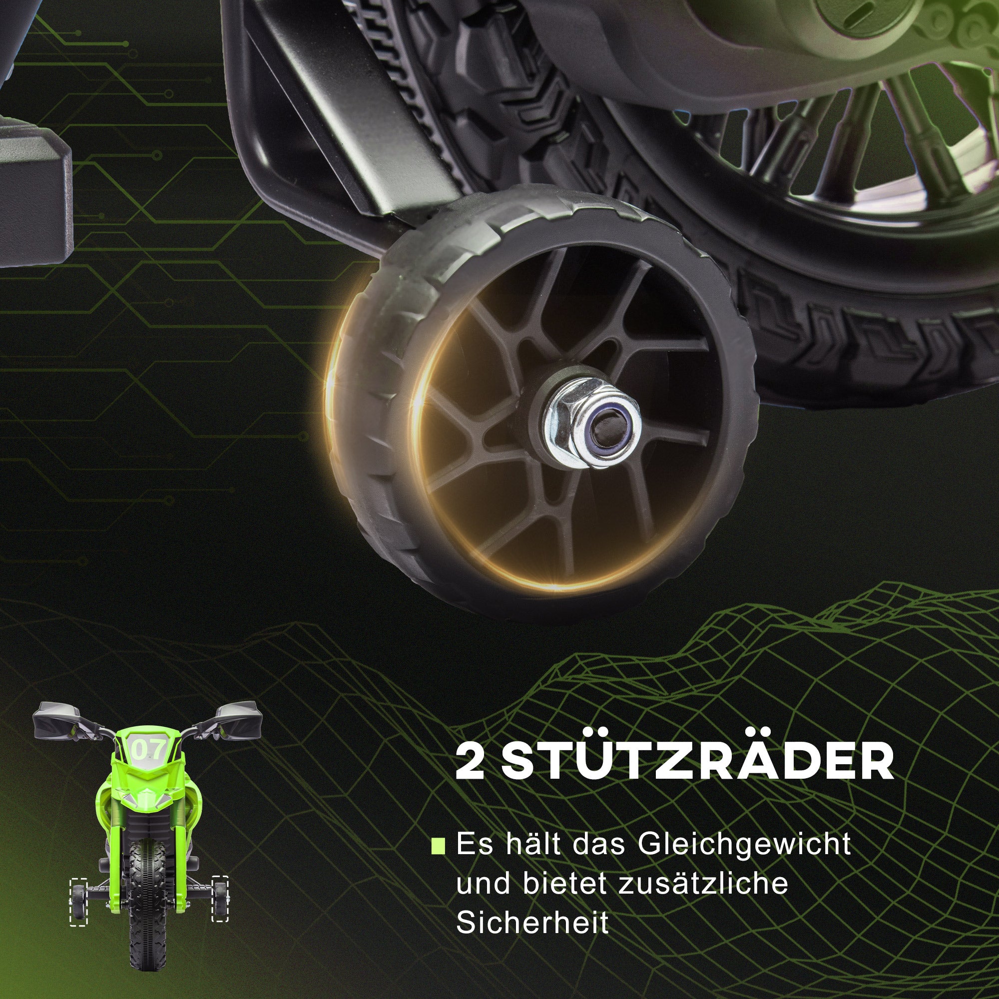 AIYAPLAY Elektro-Motorrad für Kinder, 6V Batterie-Antrieb, Stützräder, Hupe, Startgeräusch, 3-8 Jahre, Grün