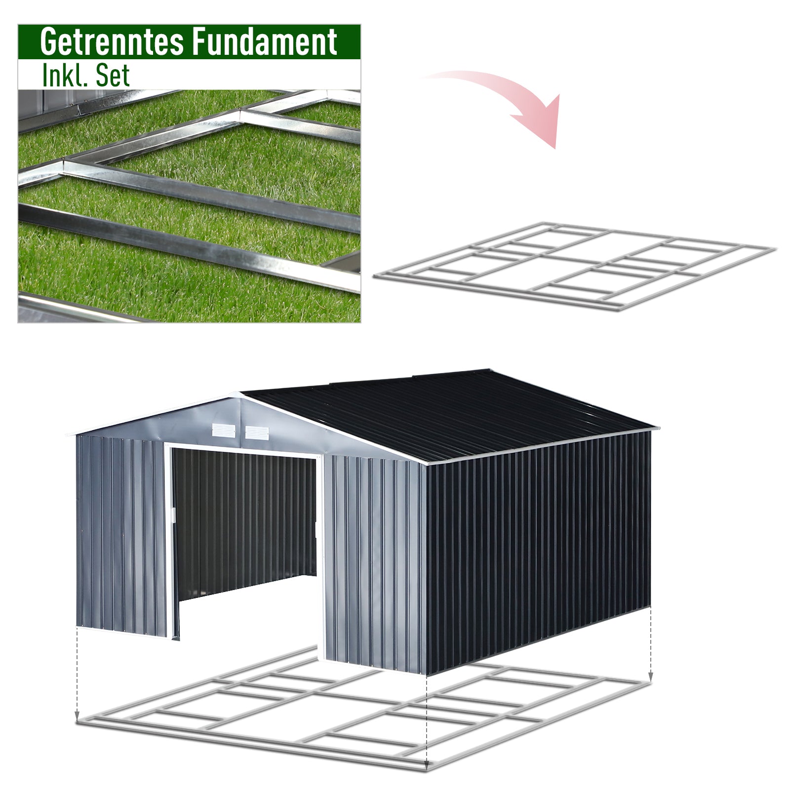 Outsunny Geräteschuppen, Wetterfestes Gartenhaus für Gartengeräte, mit Belüftungsfenstern, Schiebetüren, Stahl, Kohlegrau