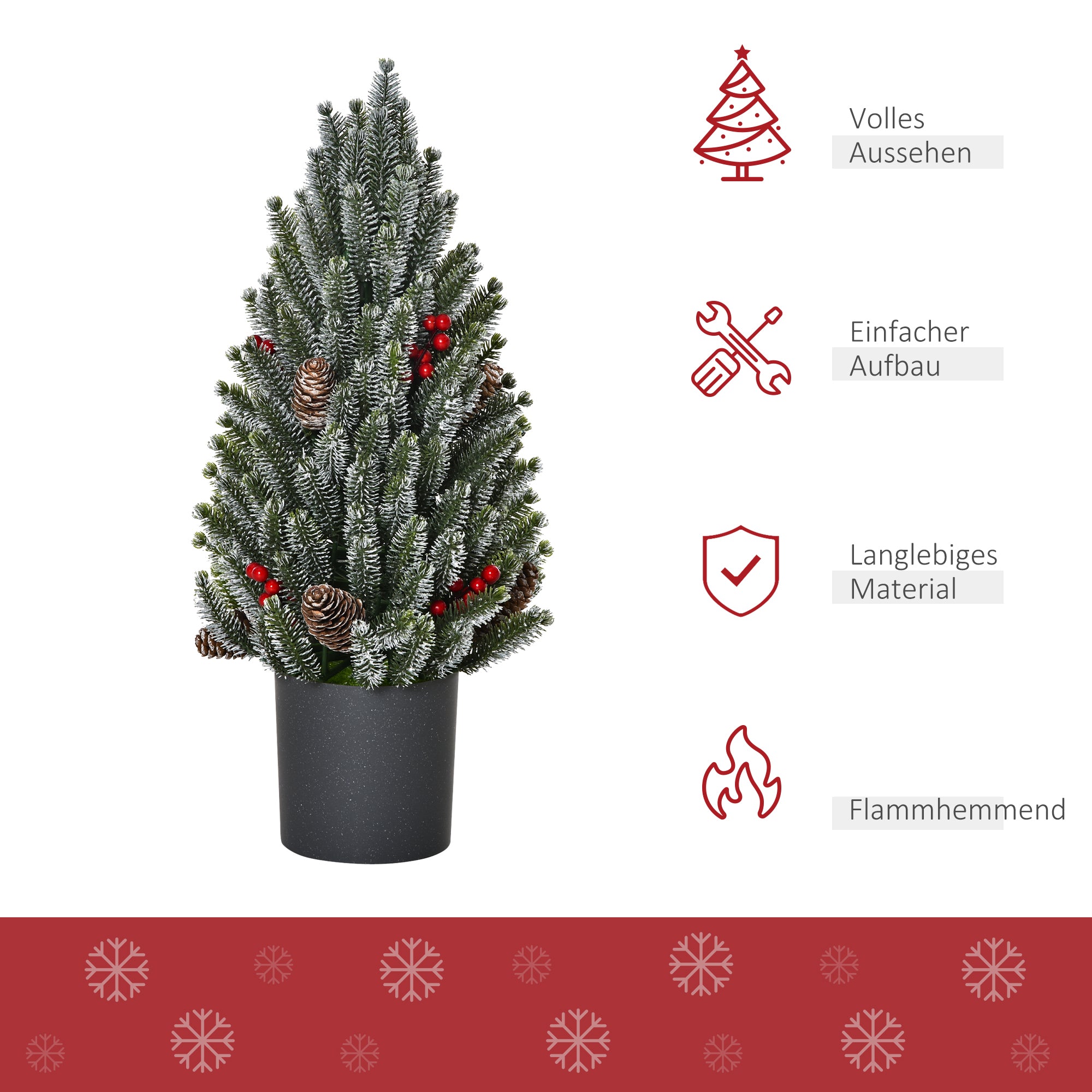 HOMCOM Mini Weihnachtsbaum mit Tannenzapfen, roten Beeren und Übertop 50 cm hoch, Mehrfarbig