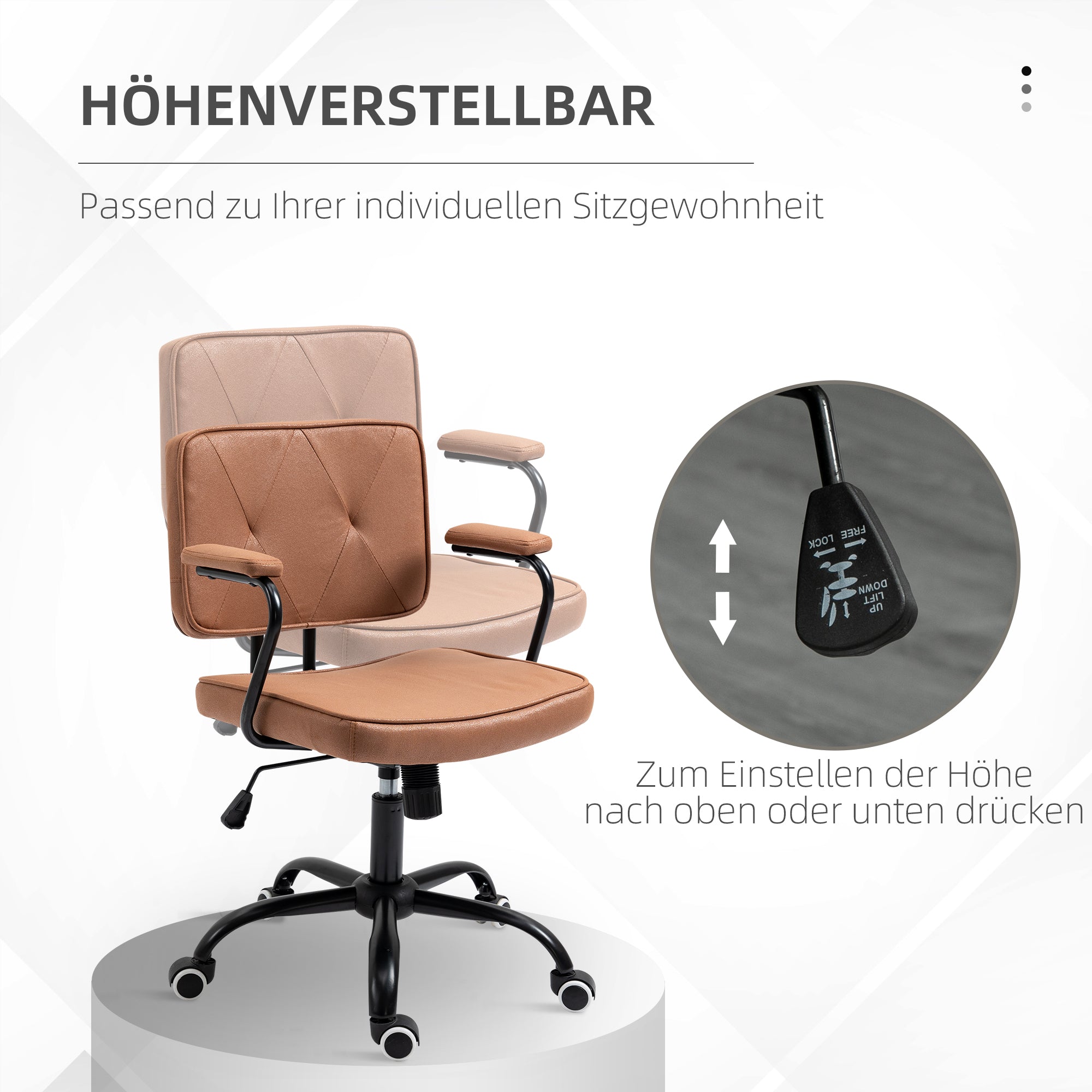 Vinsetto Bürostuhl mit Rollen Drehstuhl Schreibtischstuhl für Büro höhenverstellbar mit Wippfunktion 360°-Drehung neigbar Schaumstoff Braun 61 x 58 x 82-91 cm