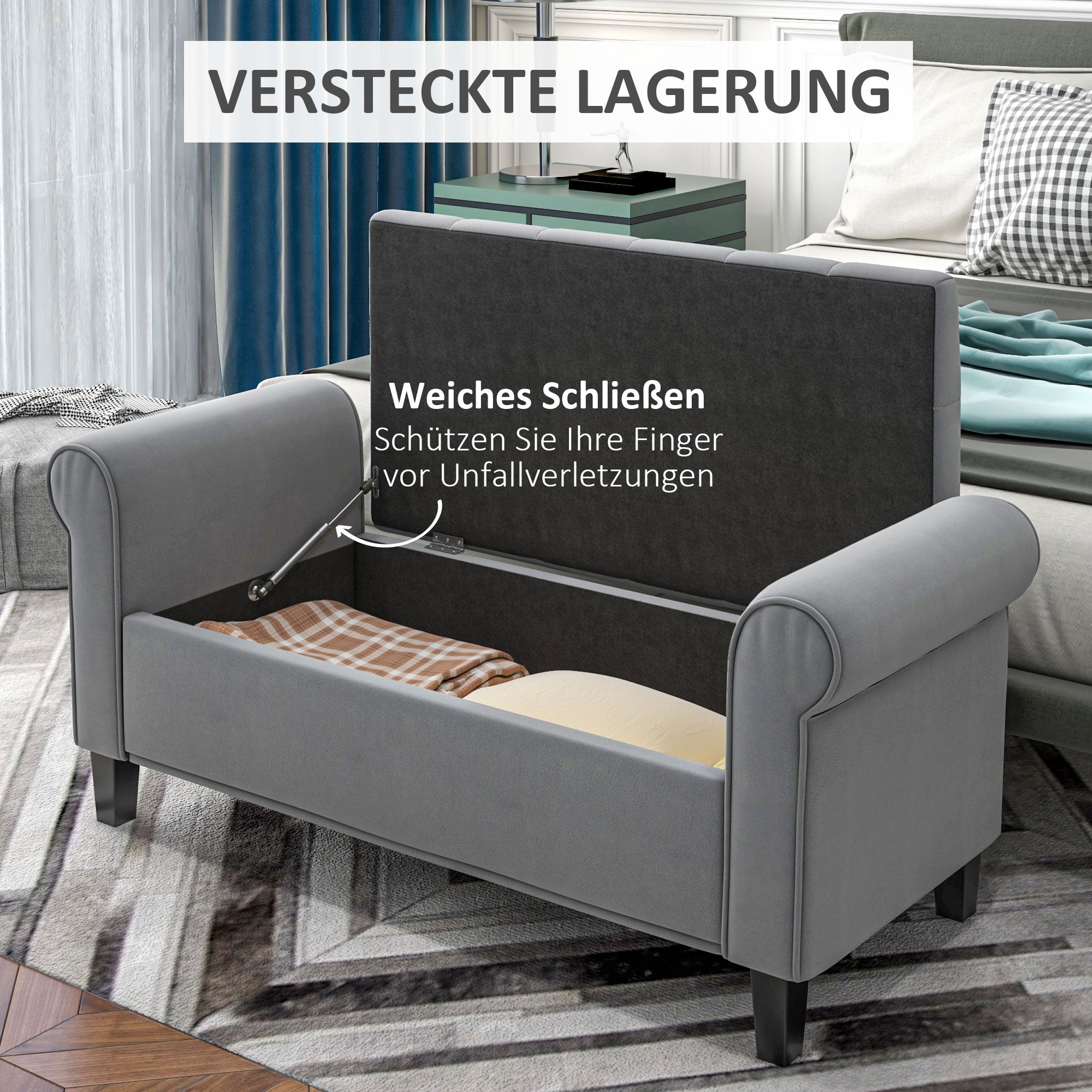 HOMCOM Sitzbank Polsterbank Bettbank, Knopfheftung, Samtoptik, 126 cm x 48,5 cm x 57 cm, Grau