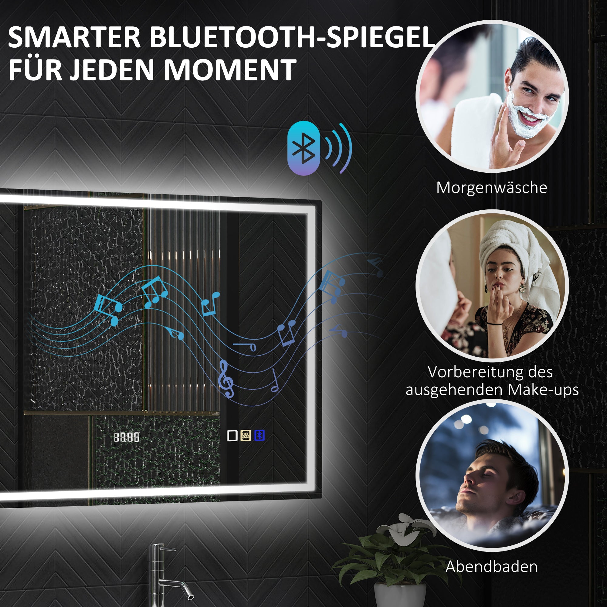 HOMCOM Badezimmerspiegel mit LED-Beleuchtung, Anti-Beschlags-Pad, 3 verstellbare Farben, Uhr, 600 x 800 mm, Silberfarben