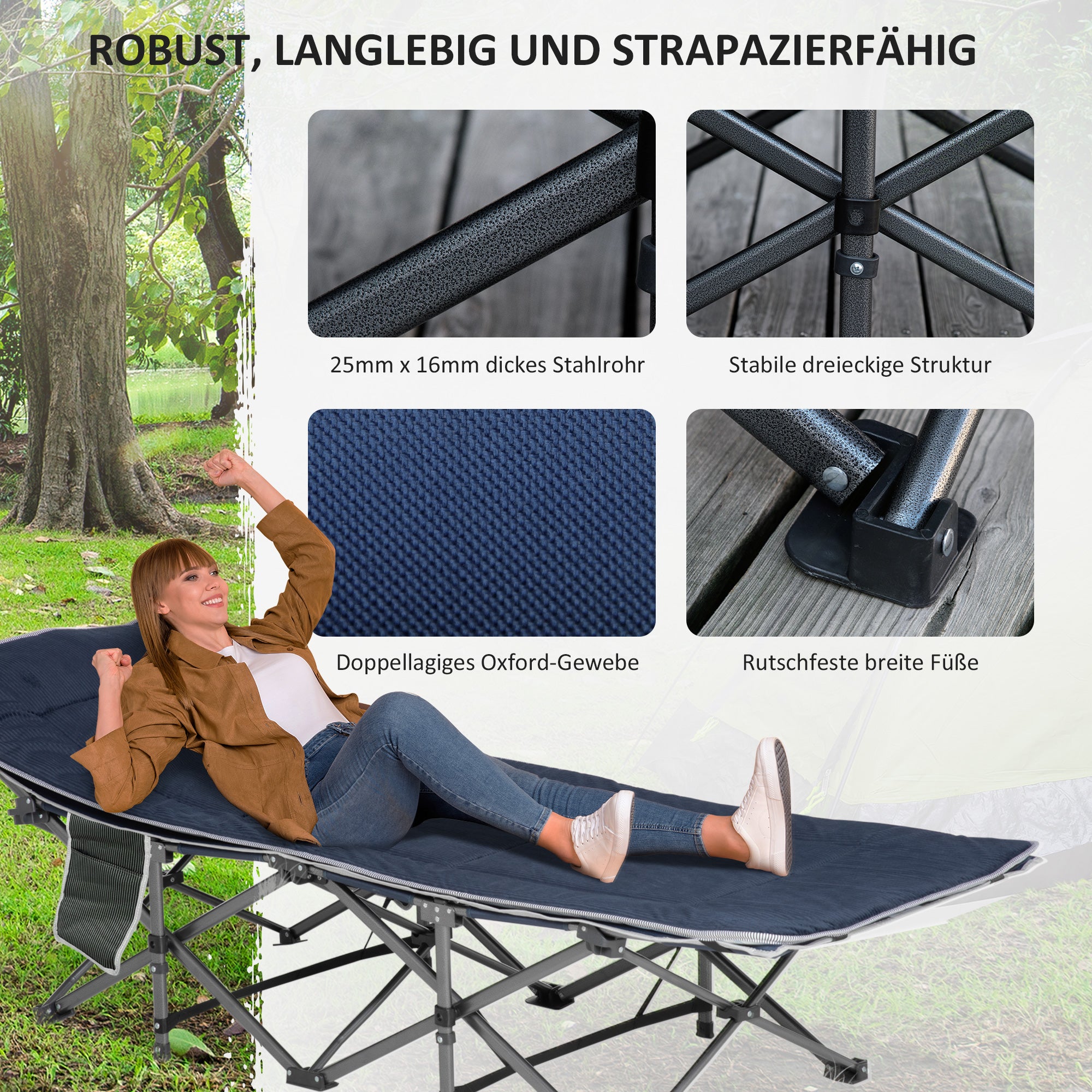Outsunny Campingbett, klappbares Feldbett mit Kopfkissen, 188 x 64,5 x 53 cm, Dunkelblau