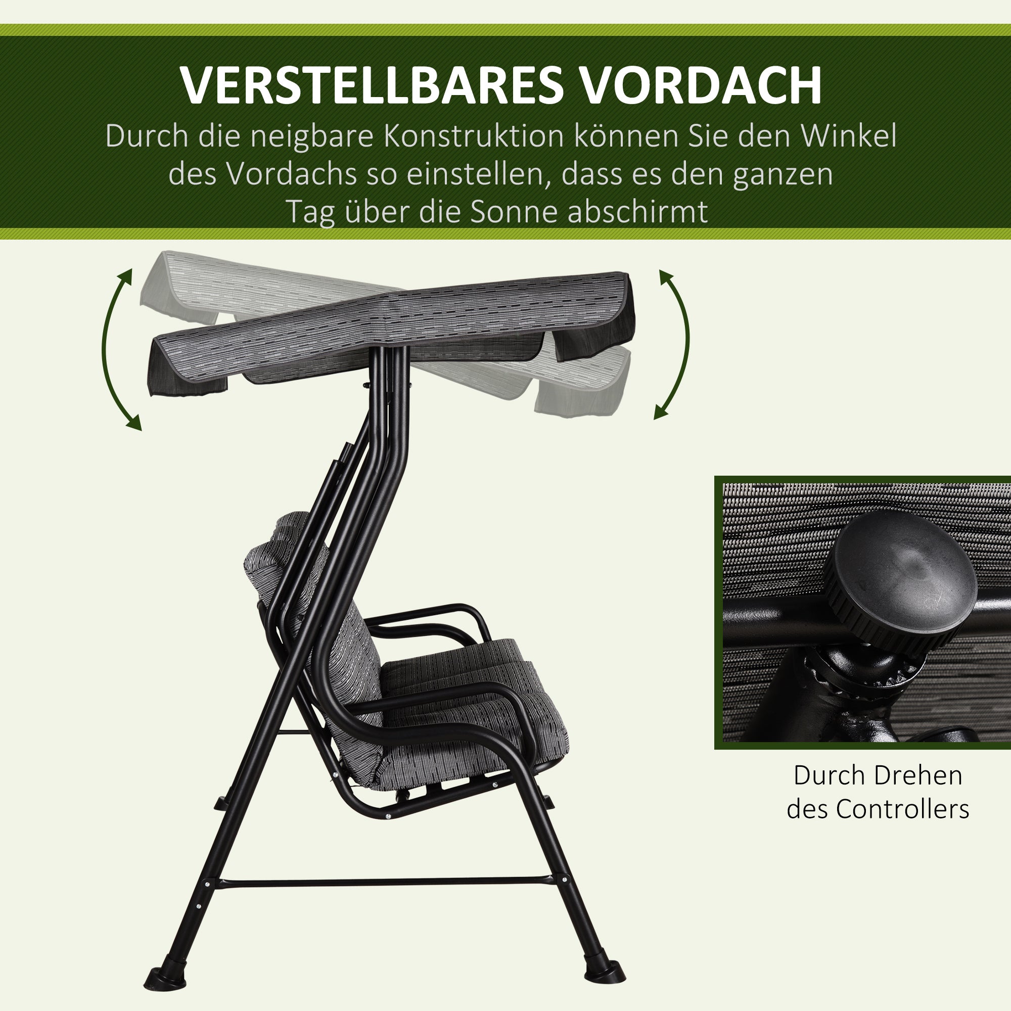 Outsunny Hollywoodschaukel, 3-Sitzer Gartenschaukel, Verstellbares Sonnendach, Texteline Grau 200 x 120 x 170 cm