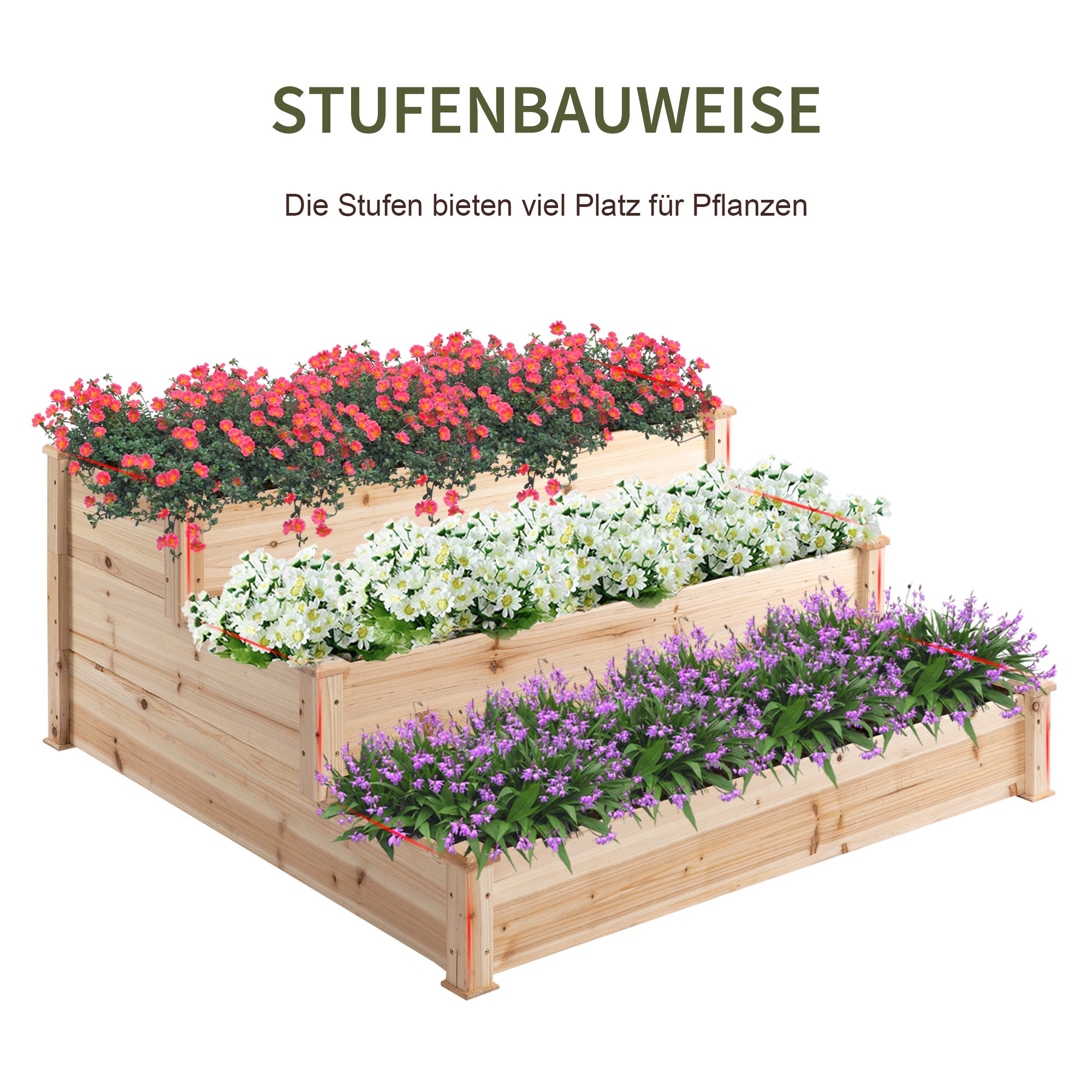 Outsunny Hochbeet 3-stufige Gartenbeet Pflanzenbeet  Kräuterbeet Blumentreppe für Balkon Garten Natur Tannenholz 120 x 120 x 56 cm