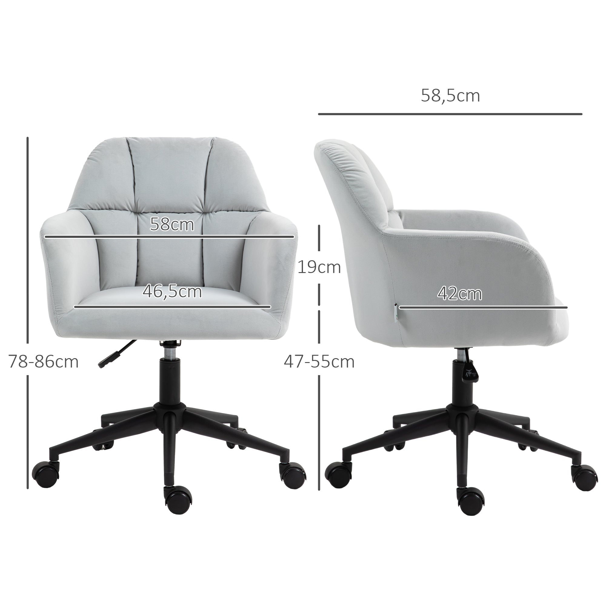 Vinsetto Bürostuhl, ergonomisch, höhenverstellbar, drehbar, Samtoptik, bis 120 kg, Hellgrau