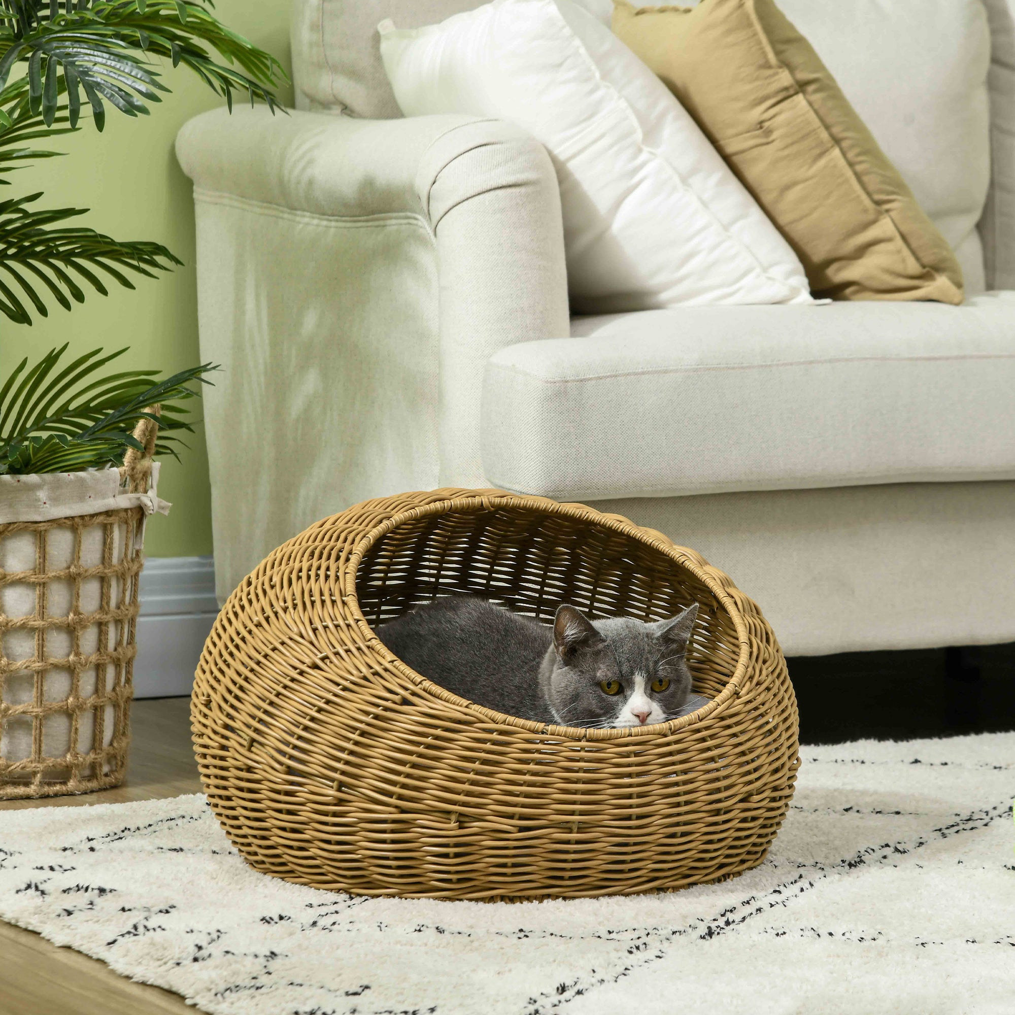 PawHut Katzenhöhle mit waschbarem Kissen, für Tiere bis 4 kg, Indoor, Kunst-Rattan, Ø50 x 31 cm, Hellbraun