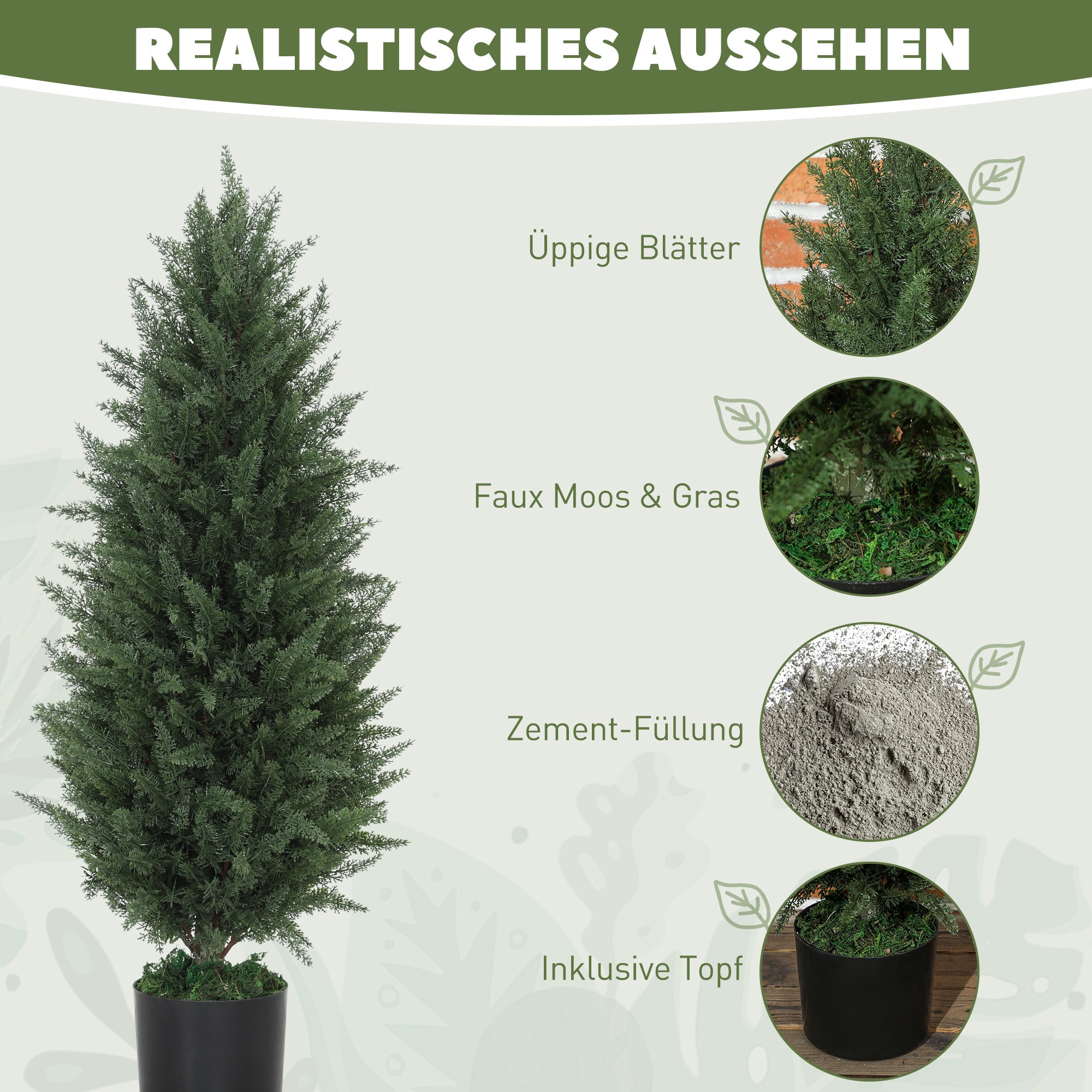 HOMCOM 2er-Set Künstliche Zypressen, Kunstbäume mit 831 Blättern, mit Zementtopf, UV-beständig, Kunstpflanze, 90 cm, Grün