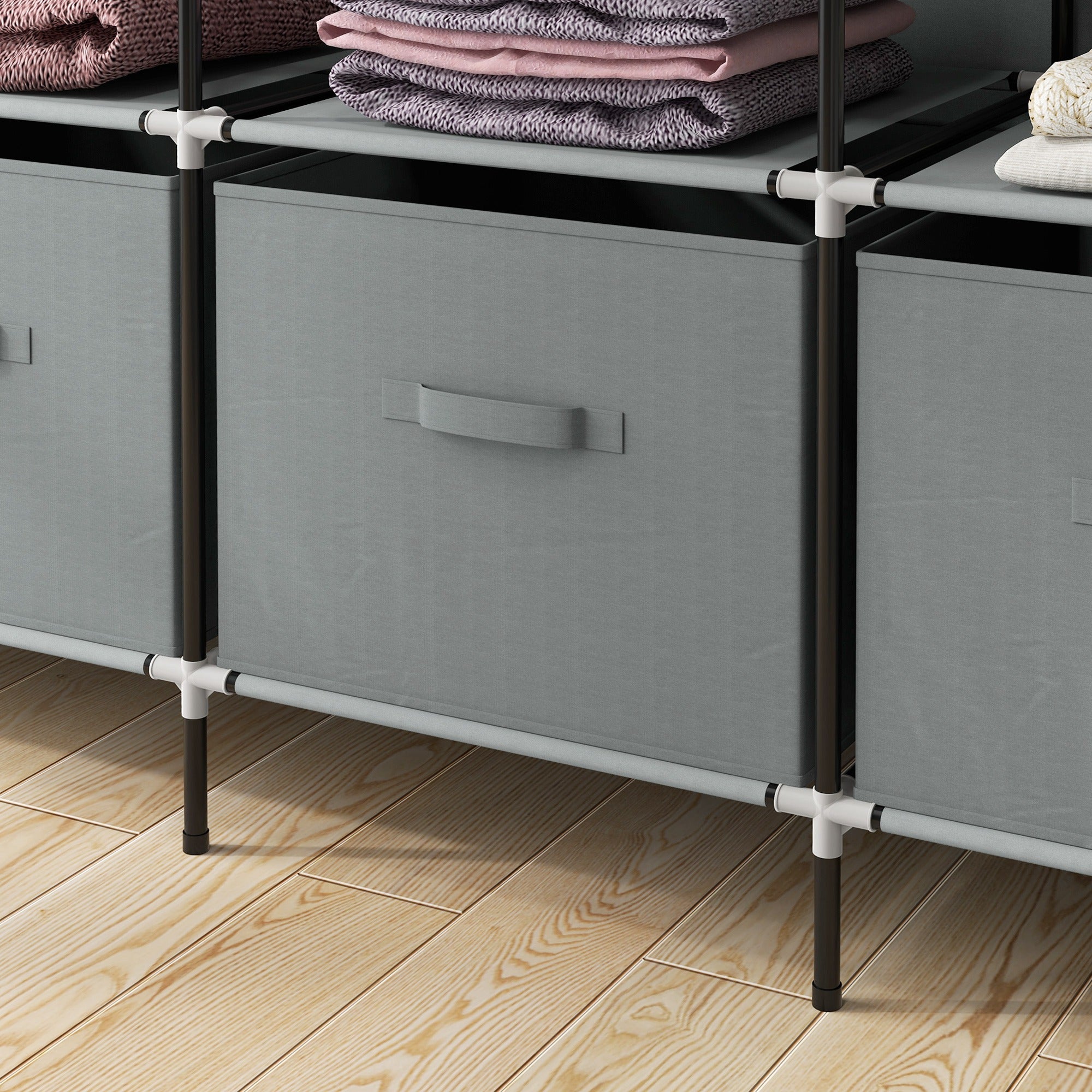 HOMCOM Kleiderschrank Stoffschrank, Türen, 2 Kleiderstangen, 10 Fächer, Grau