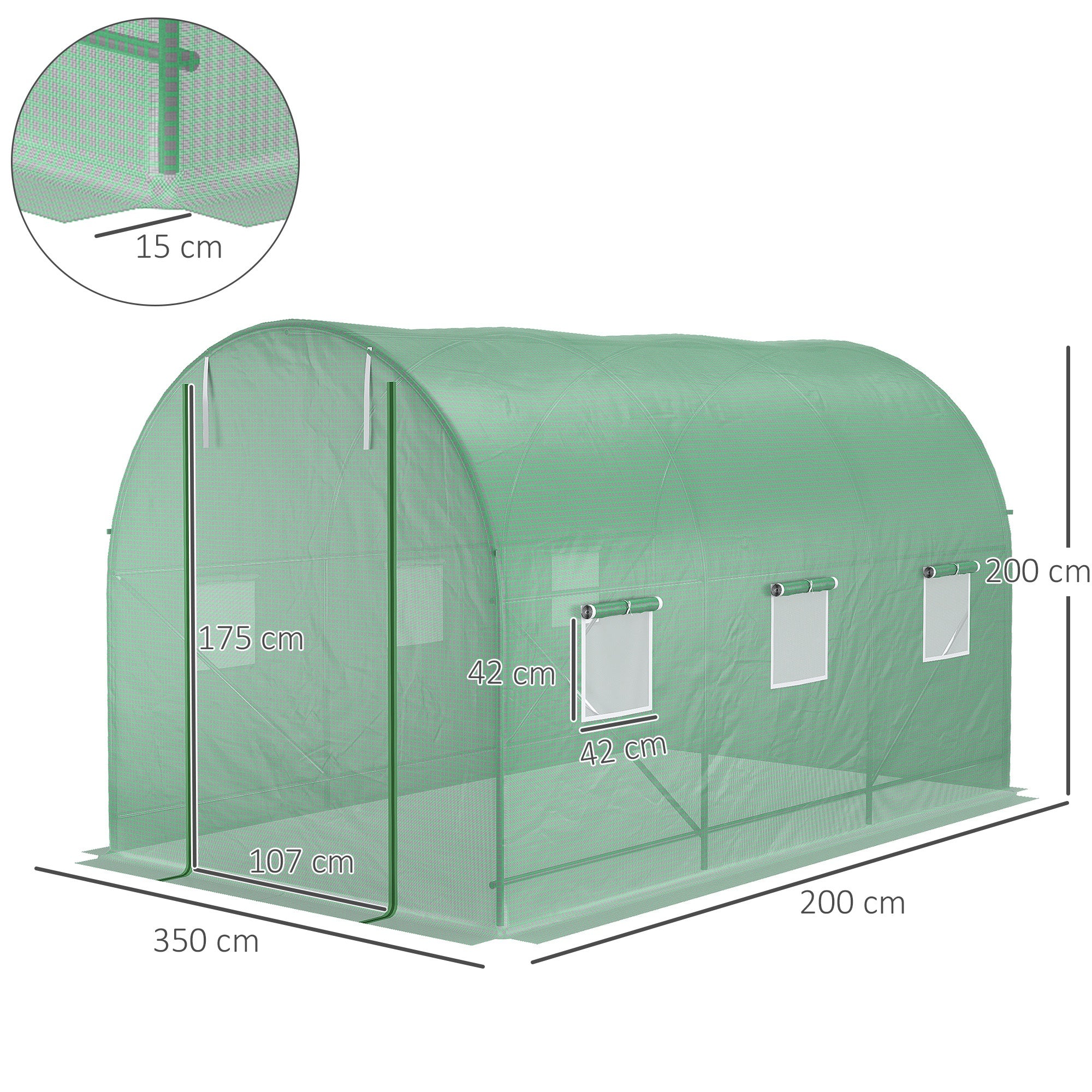 Outsunny Gewächshaus 350x200x200cm Foliengewächshaus Tomatenhaus mit Tür, 6 Fenster, Folientunnel aus verzinktem Stahl, PE, stabiles Treibhaus Pflanztunnel, inkl. Erdanker & Seilen, Grün