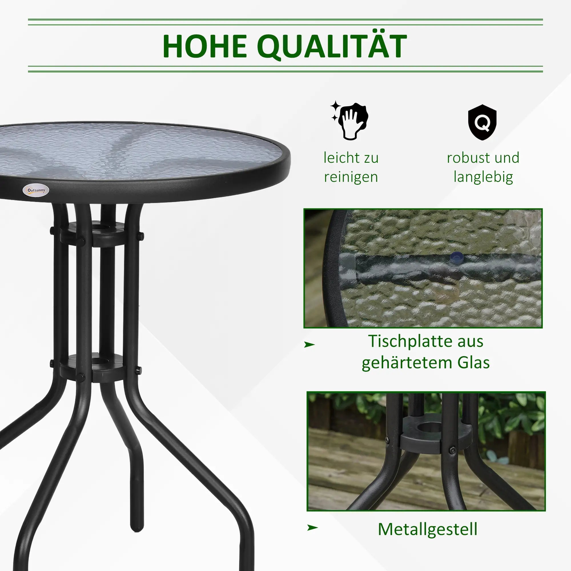 Outsunny Gartentisch Balkontisch Bistrotisch Glastisch Beistelltisch Metall+Sicherheitsglas ∅60xH70cm