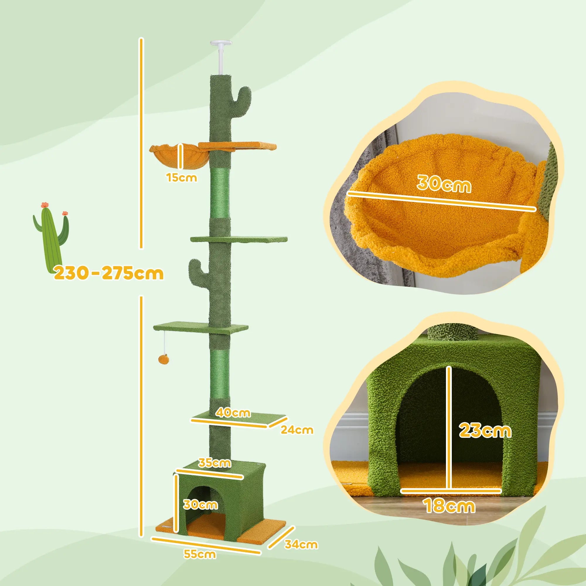 PawHut Höhenverstellbarer Kratzbaum 230-275 cm, platzsparend, Spielzentrum mit Hängematte, Grün