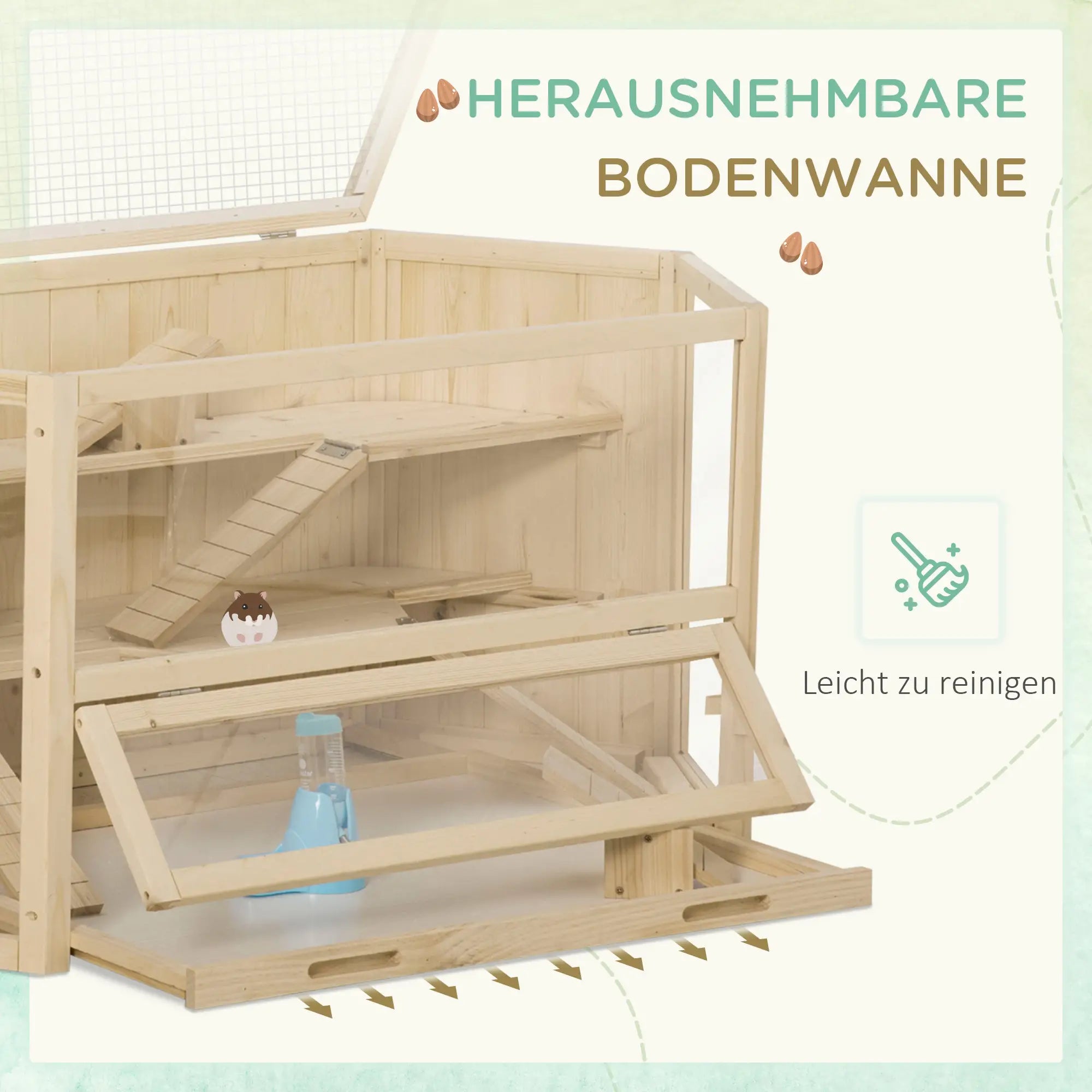 PawHut Kleintierkäfig, Nagerkäfig, Nagerheim mit  1 Rampe, 1 Wippe, herausnehmbare Bodenwanne, Tannenholz, Natur
