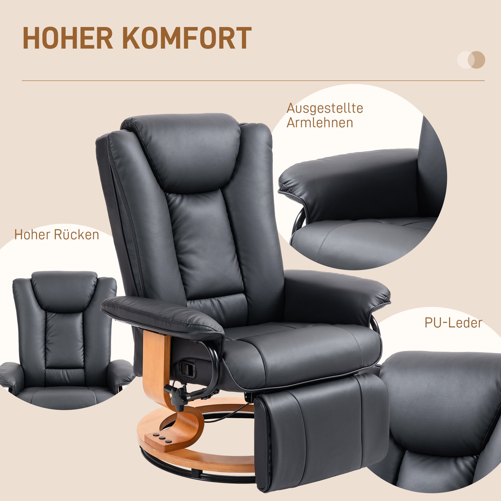 HOMCOM Relaxsessel mit Liegefunktion, drehbar, bis 150 kg, Kunstlederbezug, Stahlrahmen, Schwarz