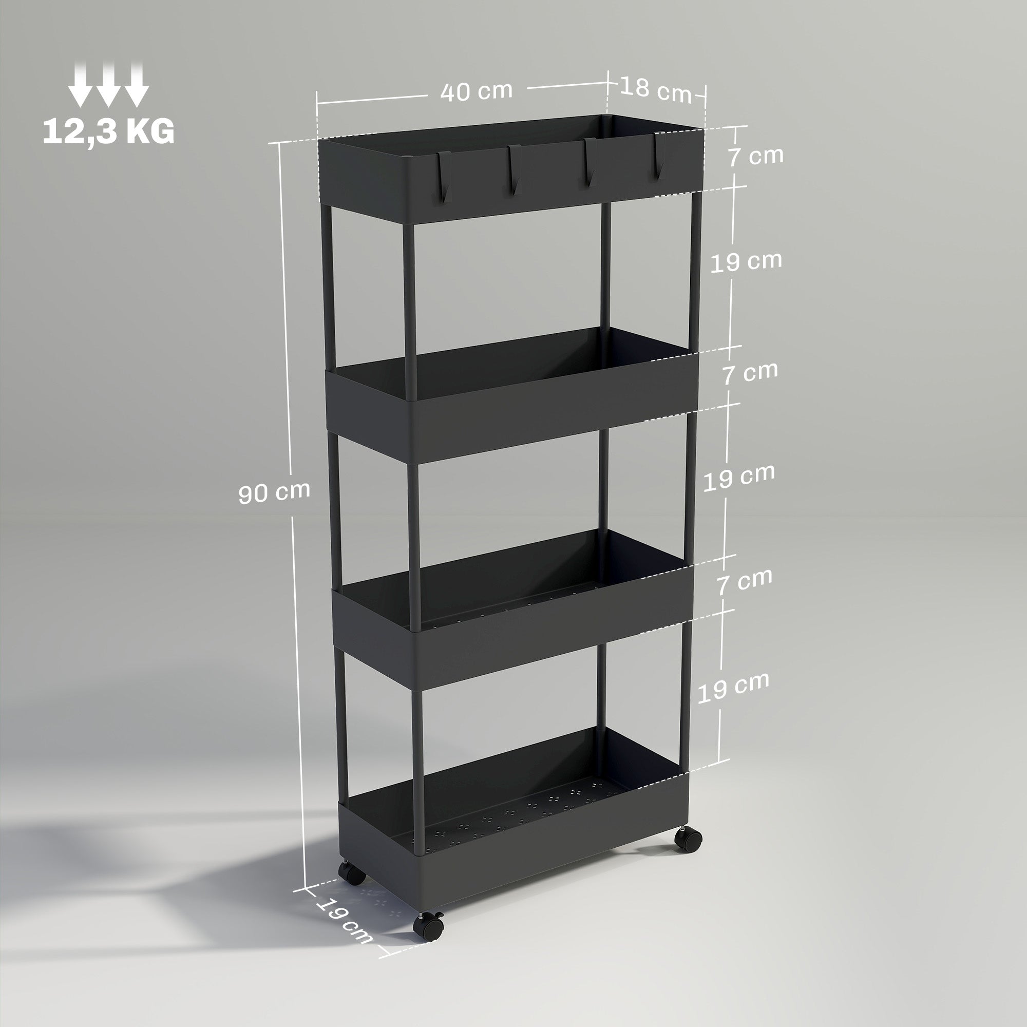 HOMCOM Küchenwagen mit 4 Regalen, 4 flexiblen Haken, 4 Rollen, 40 cm x 19 cm x 90 cm, Nischenwagen, Schwarz