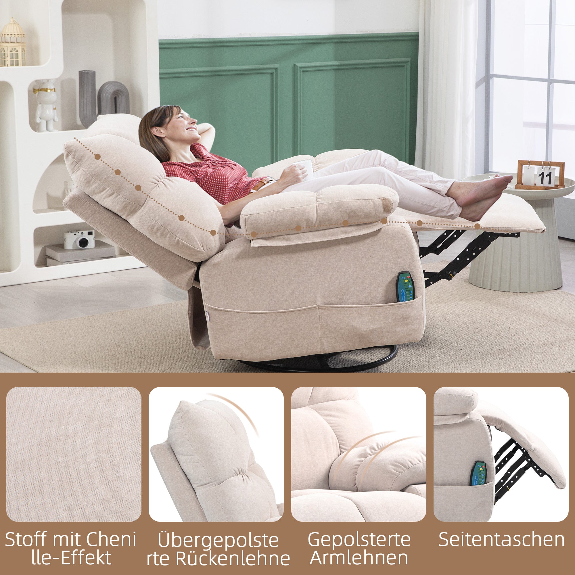 HOMCOM Massagesessel mit Wärme- & Liegefunktion, drehbar, bis 150 kg, Metallgestell, 98x90x98cm, Beige