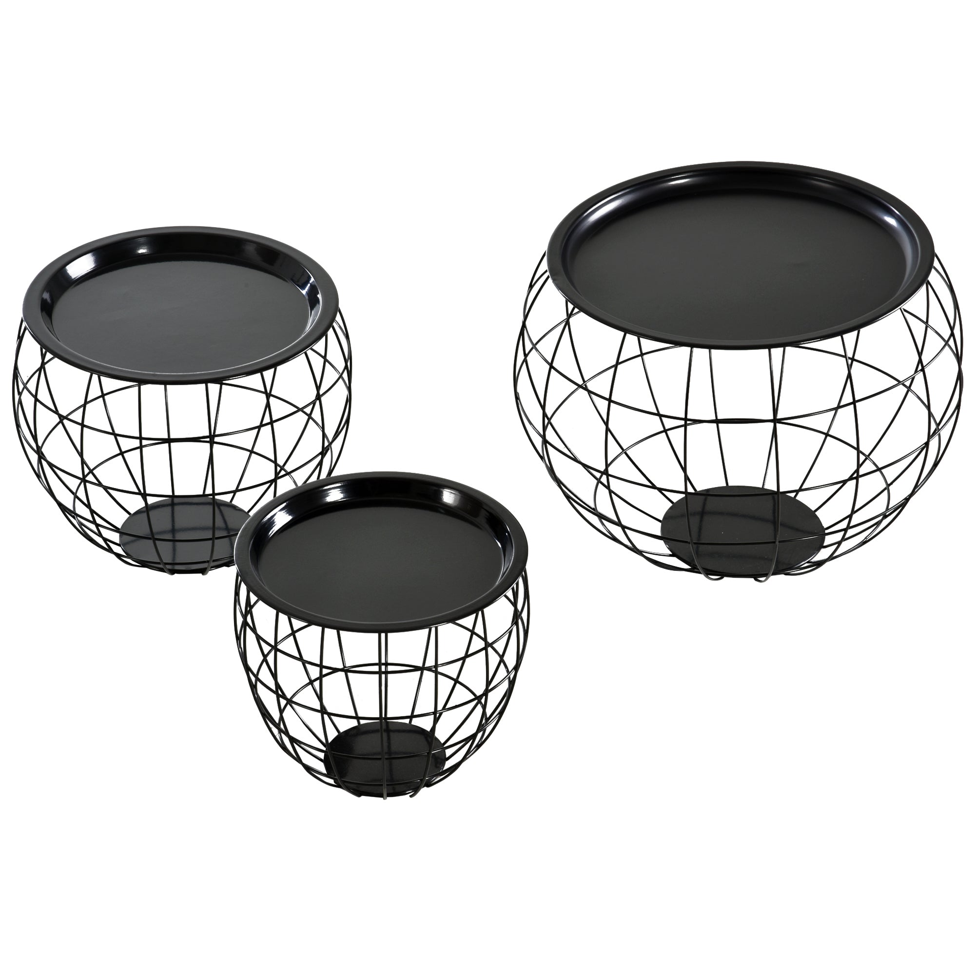 HOMCOM Couchtisch-Set 3-teilig, abnehmbare Tischplatte, Stahlrahmen, Schwarz glänzend, verschiedene Größen