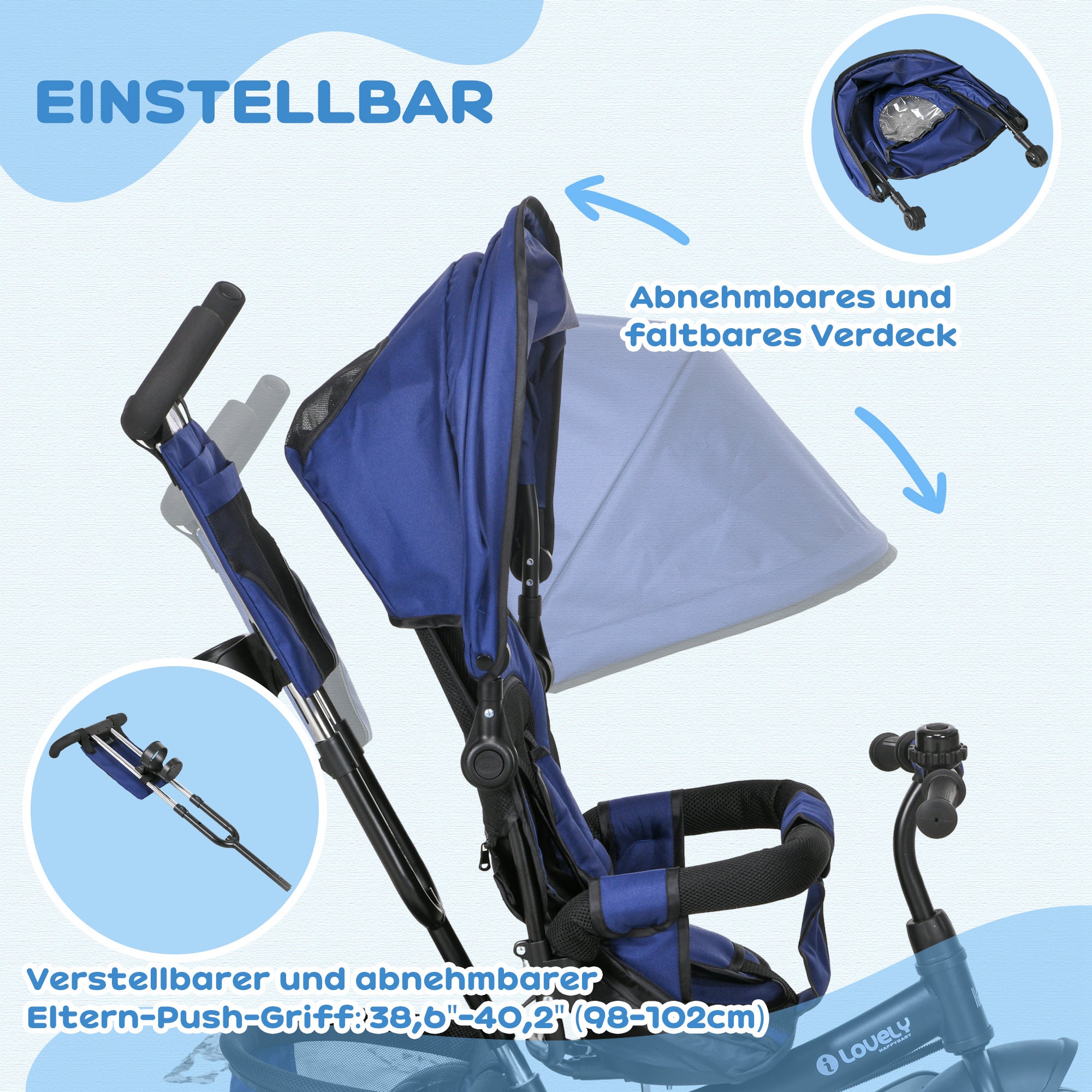 HOMCOM Kinder-Dreirad, Kinderfahrrad, Rückenkorb, Becherhalter, Sonnendach, Metall, Dunkelblau