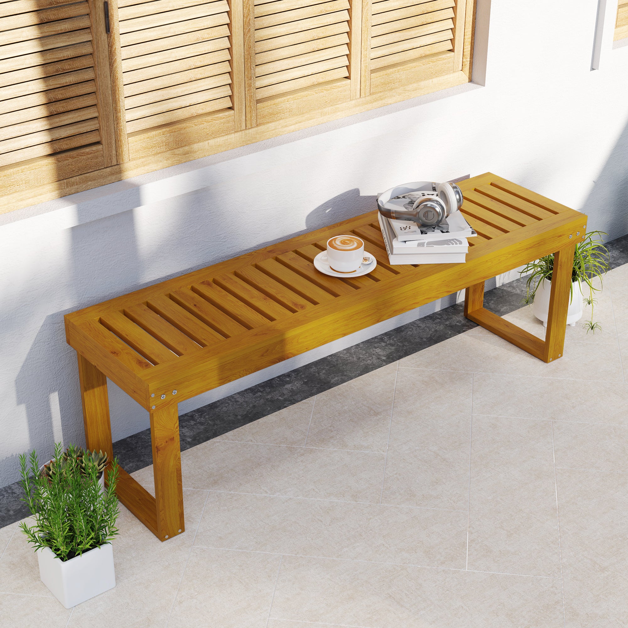 Outsunny 2-Sitzer-Bank, Gartenbank aus Kiefernholz mit Latten-Sitz, Rustikale Außenbank für Garten, Veranda, Terrasse, Teak