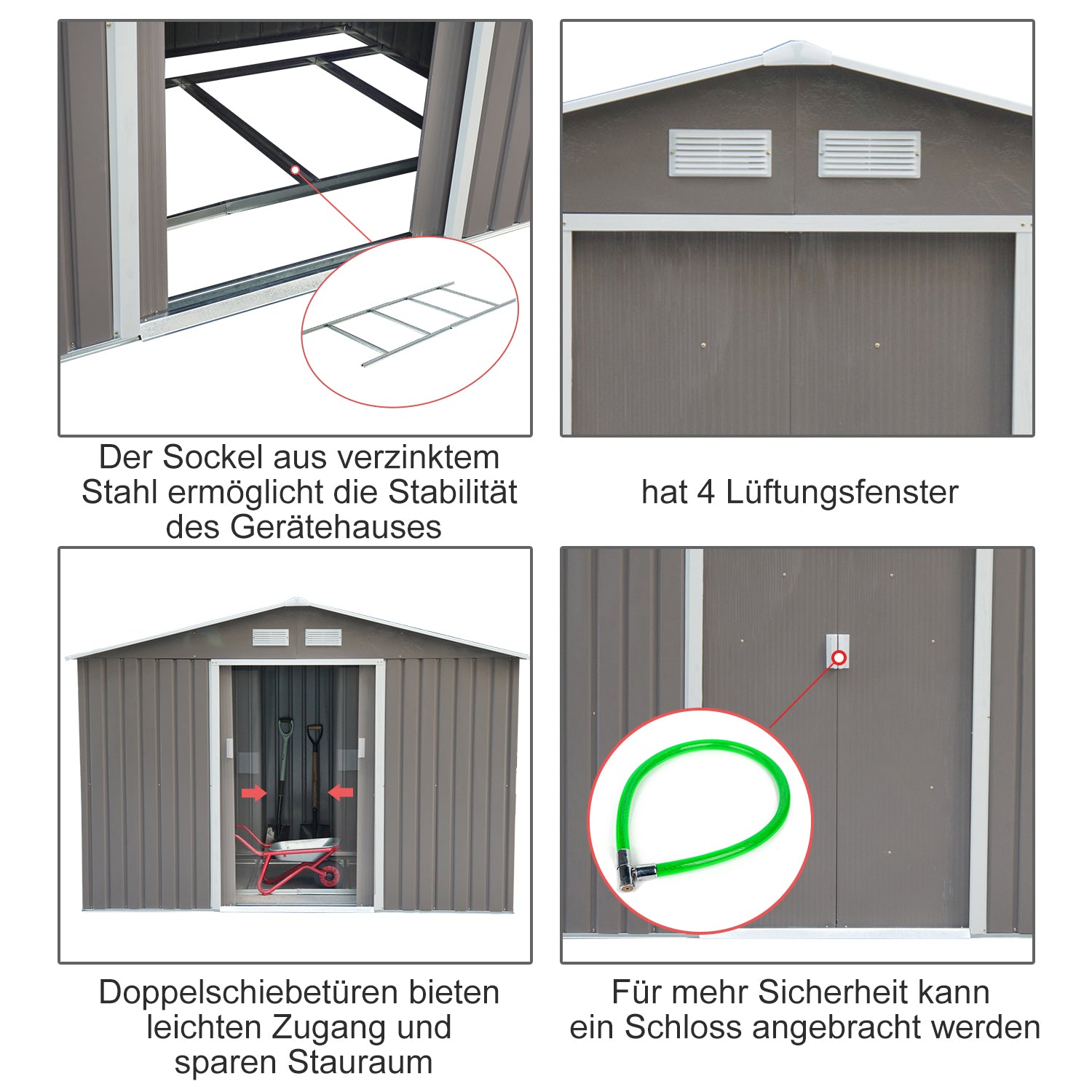 Outsunny Geräteschuppen mit Schiebetüren 2,13 x 1,30 x 1,85cm Metall Grau