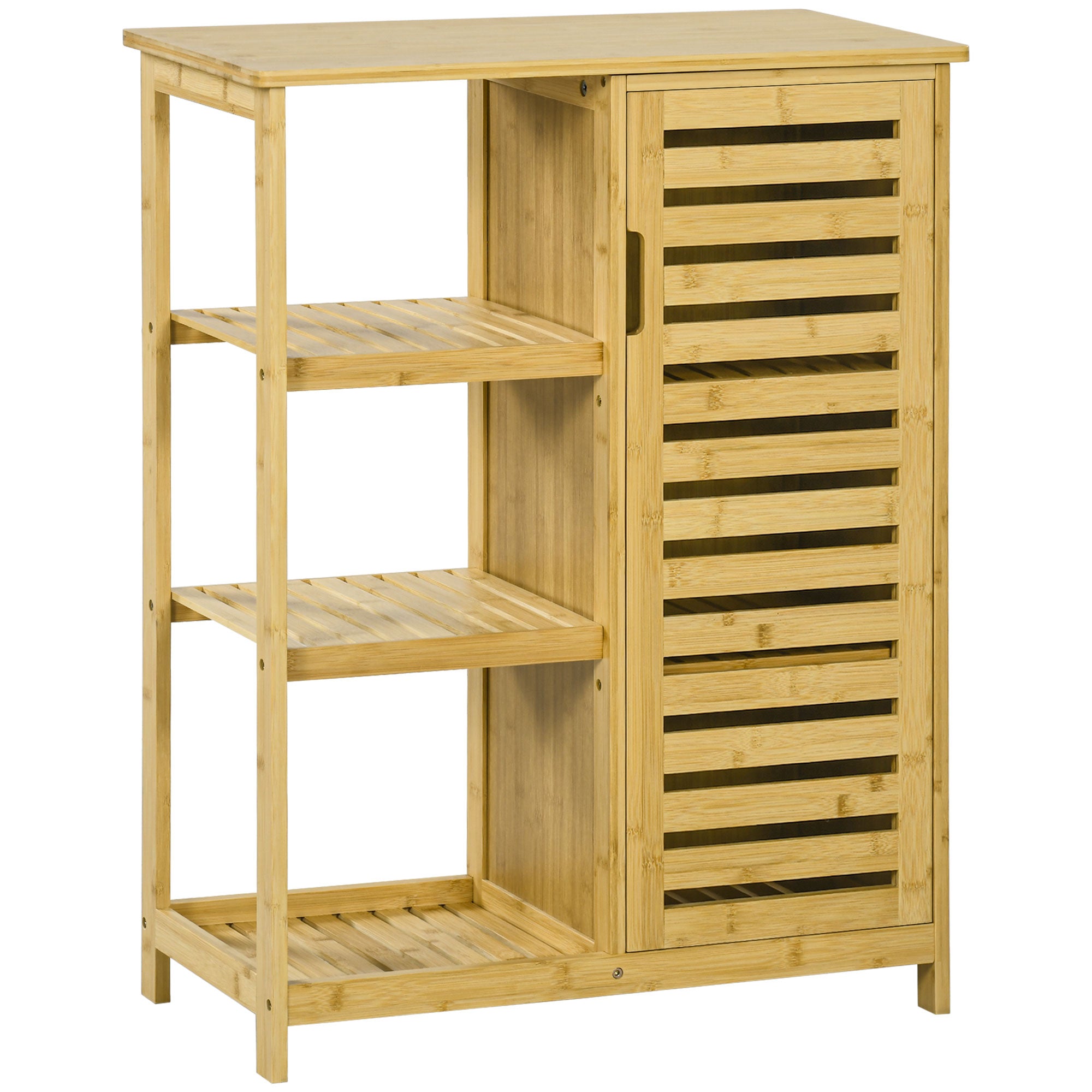 kleankin Badezimmerschrank aus Bambus, 3 Regale, 1 Schrank mit Lamellentüren, Natur