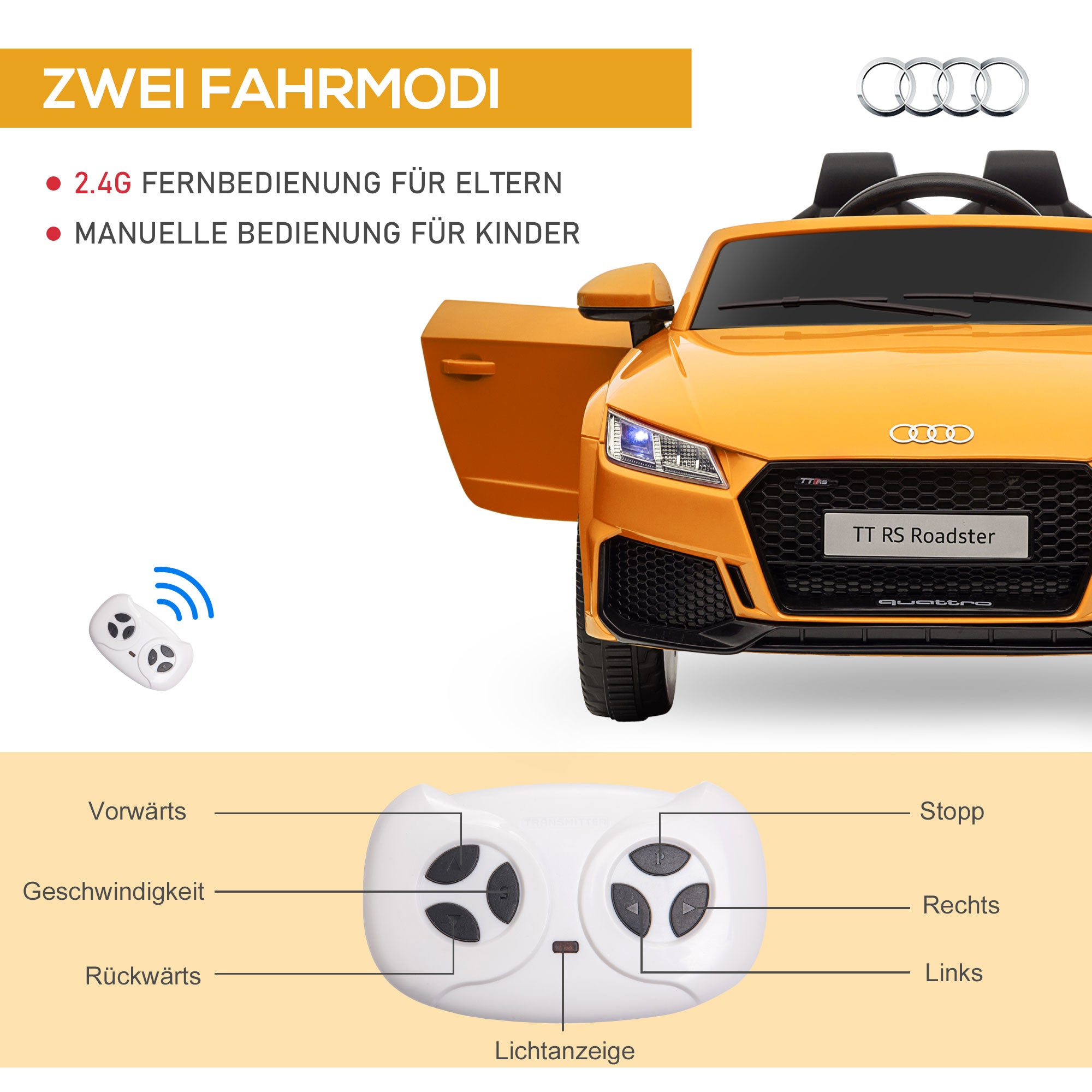 HOMCOM Kinder-Elektroauto, max. 3 km/h, mit Fernbedienung, Sicherheitsgurt, MP3-Anschluss, 3–5 Jahre, Gelb