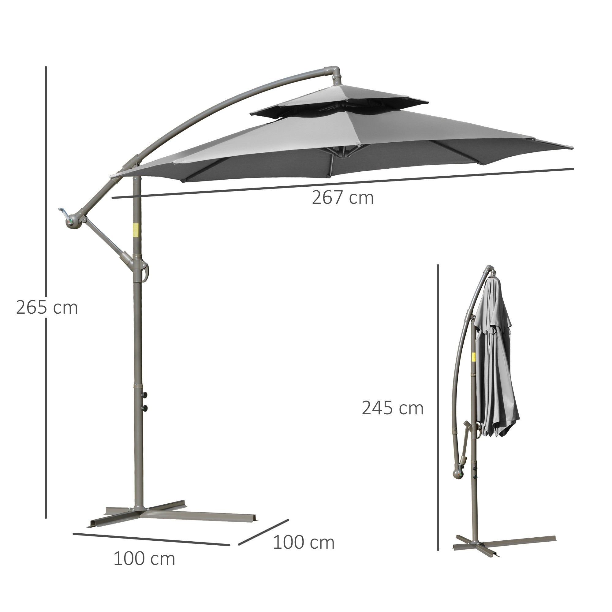 Outsunny Sonnenschirm Ampelschirm Ø2,67 x 2,45 m Kurbelschirm mit Doppeldach Kreuzbasis Stahl Outdoor Sonnenschutz Polyester Stahl Hellgrau