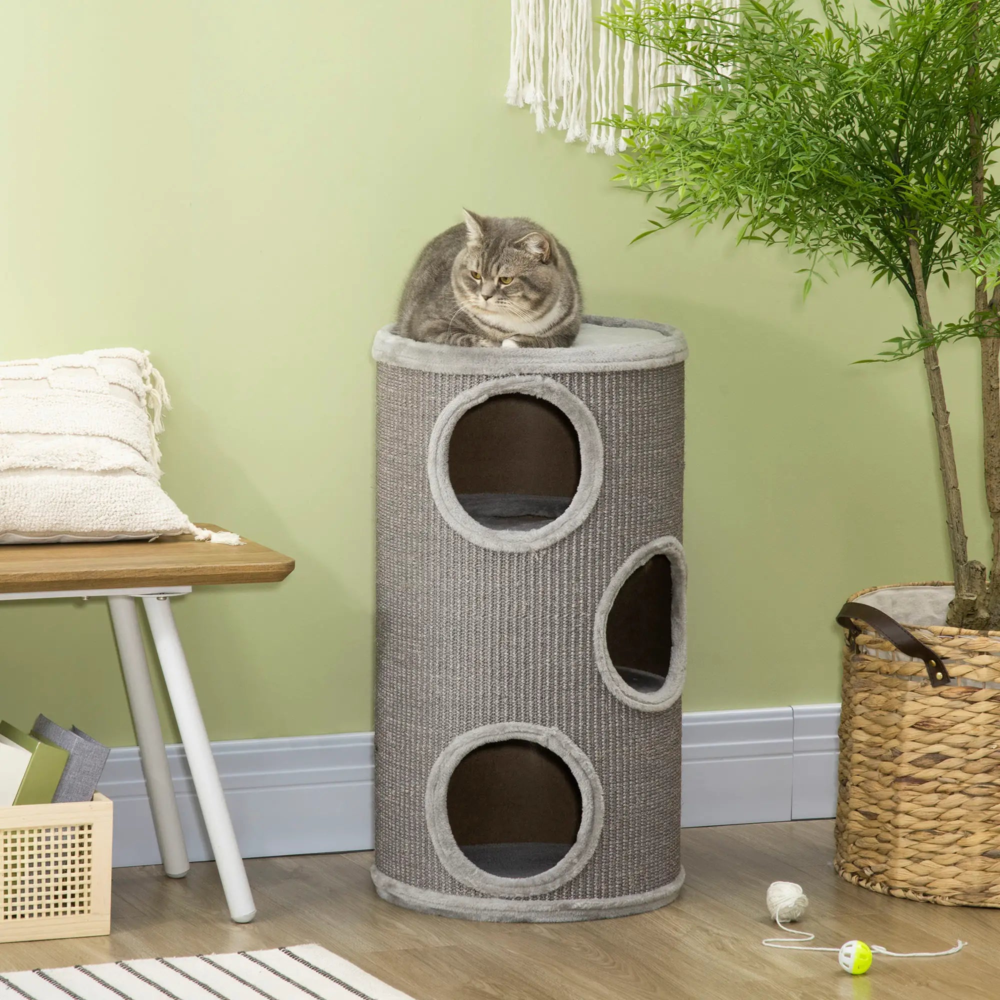 PawHut Kratztonne Katzenbaum 3 Ebenen Sisal-Kratzmatte