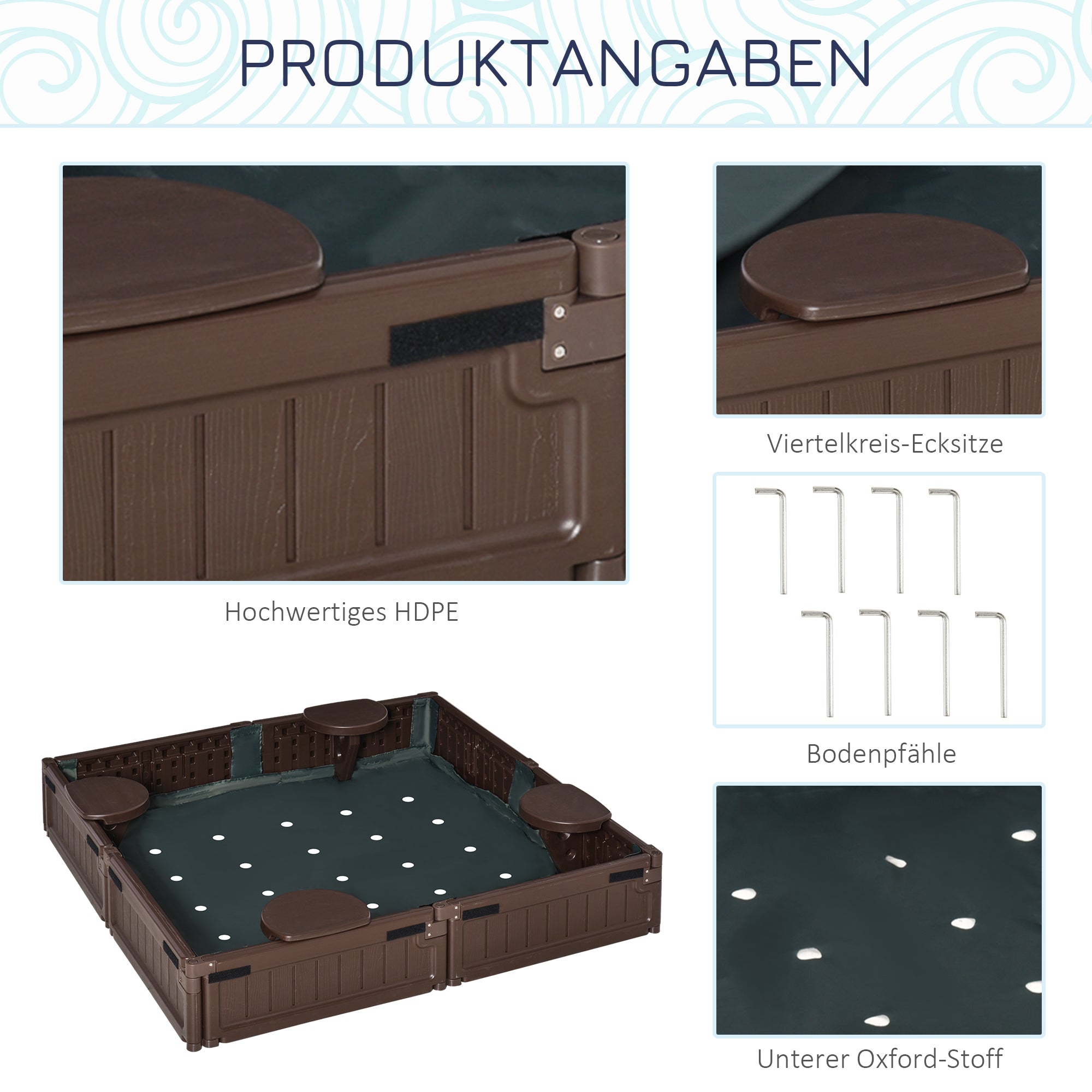 Outsunny Sandkasten mit Abdeckplane & Bodenplane, modulare Bauweise, 4 Sitze, 1,23L x 1,23B m, Braun