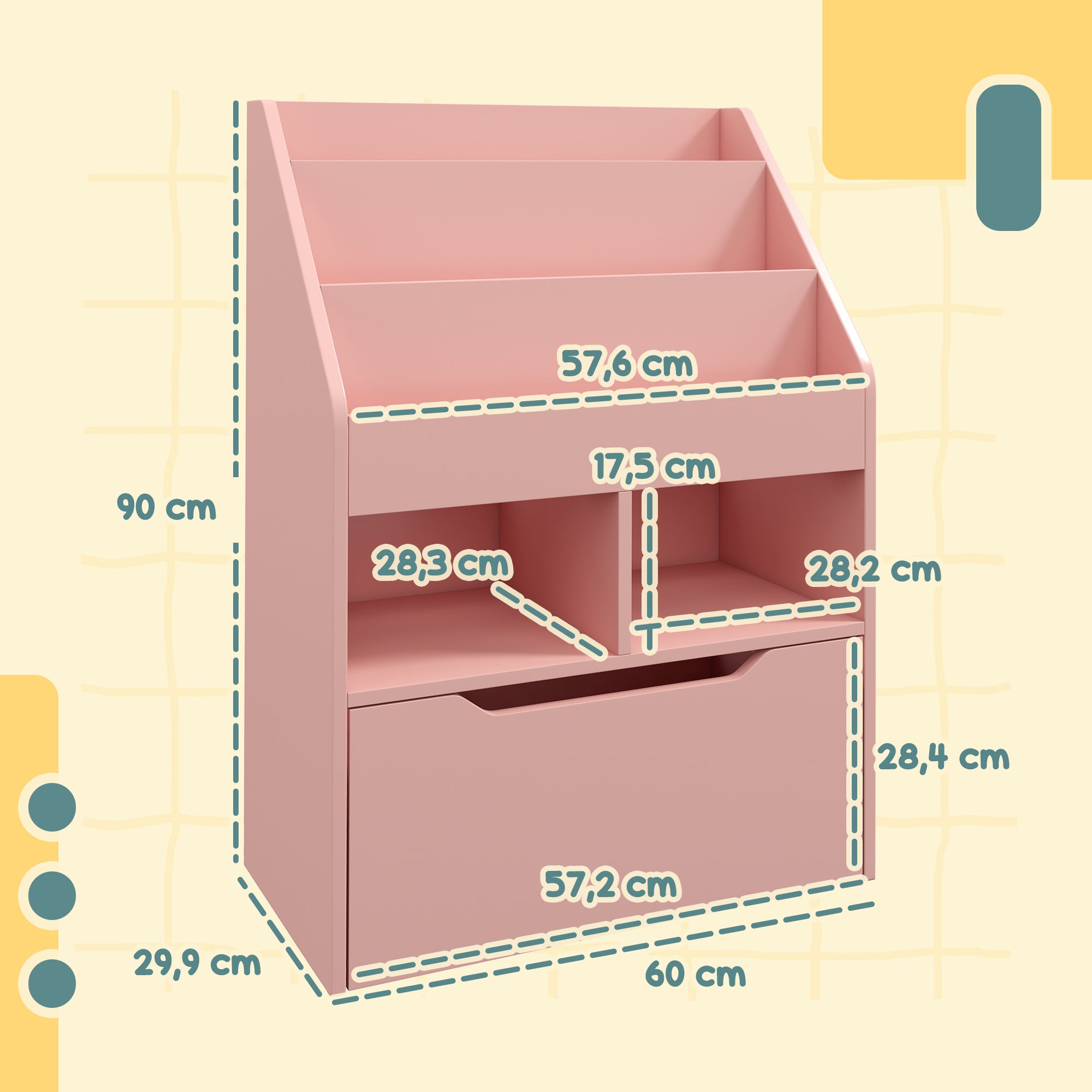 HOMCOM Kinderregal mit Schublade, Bücherregal mit Fächern, 60 x 29,9 x 90 cm, Rosa