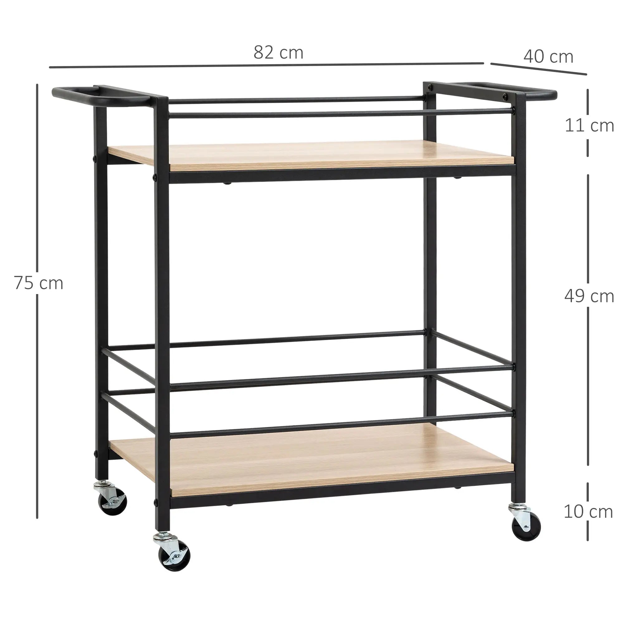 HOMCOM Küchenwagen Servierwagen mit 2 Ablagen, Reling, Stahl, Schwarz+Holz 82 x 40 x 75cm