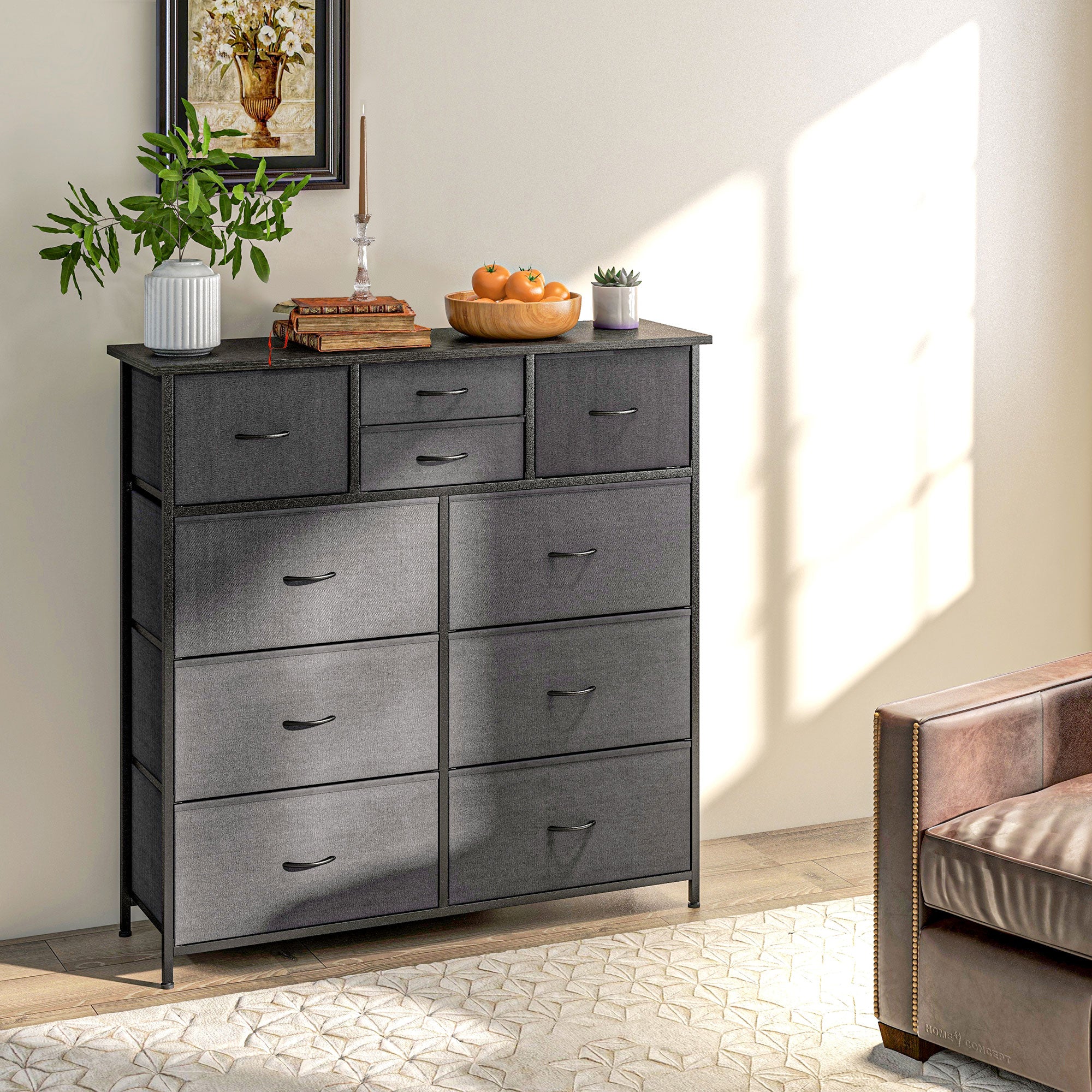 HOMCOM Kommode, Sideboard mit Stoffschubladen, 10 Fächer, Metallrahmen, 100x30x100cm, Schwarz