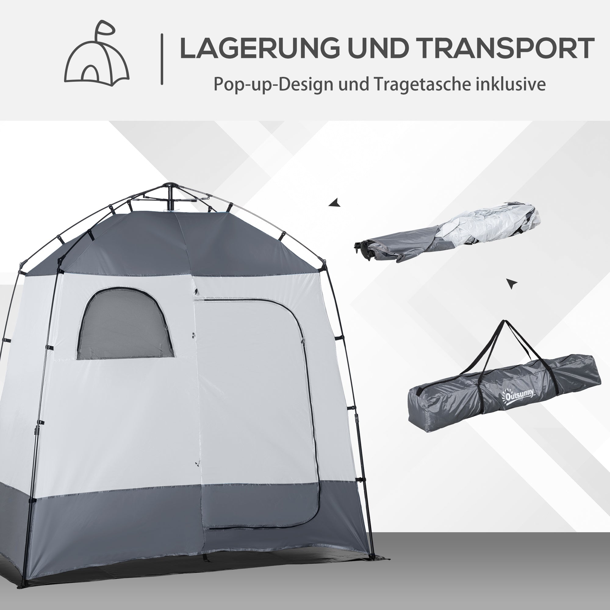 Outsunny Duschzelt für 2 Personen Toilettenzelt mit Transporttasche 3 Türen 2 Fenster Camping Umkleidezelt Umkleidekabine Lagerzelt Hellgrau+Grau